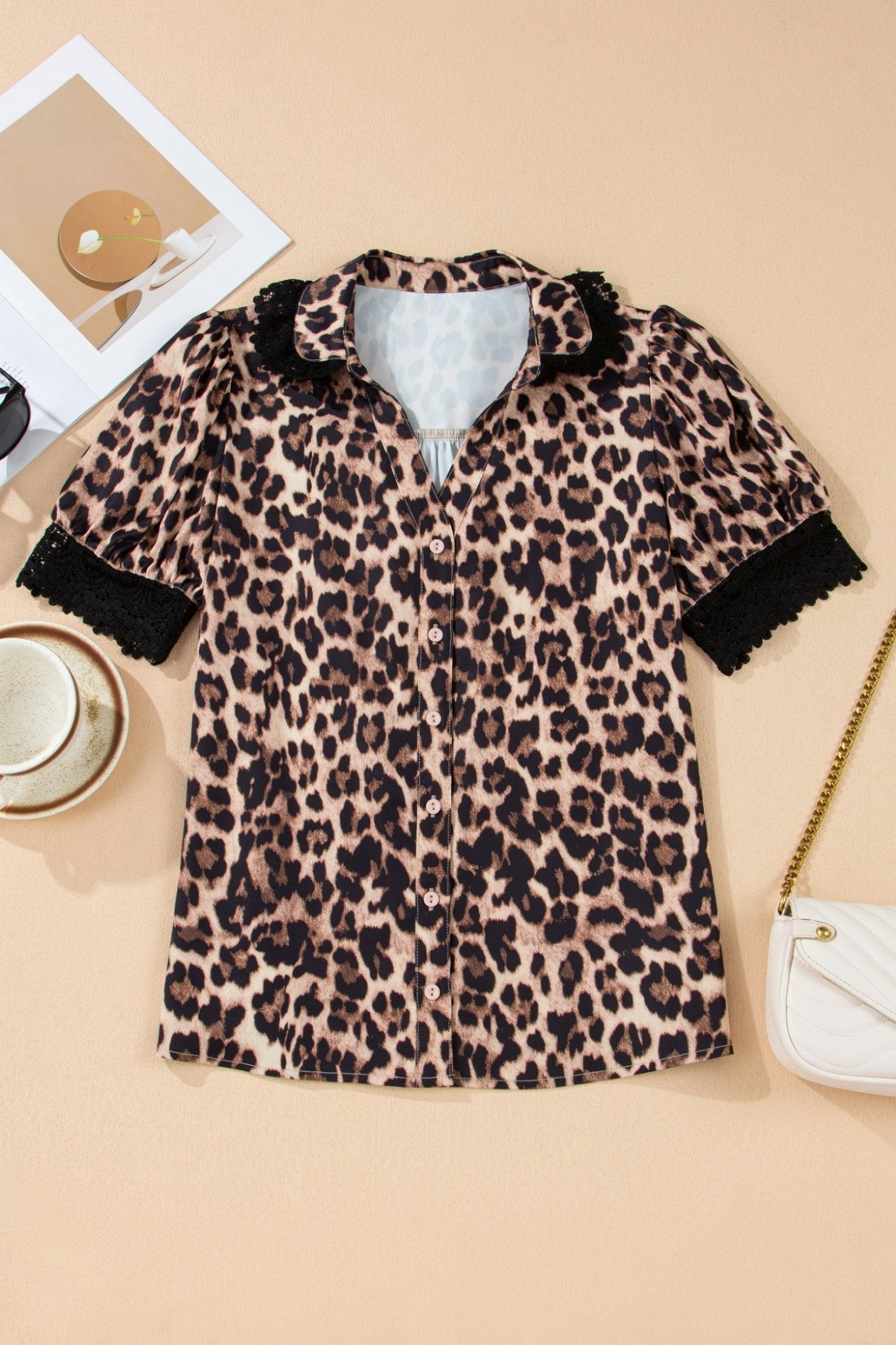Leopard Lace Trim Short Sleeve Buttoned Shirt - Rooted & Reckless Co.