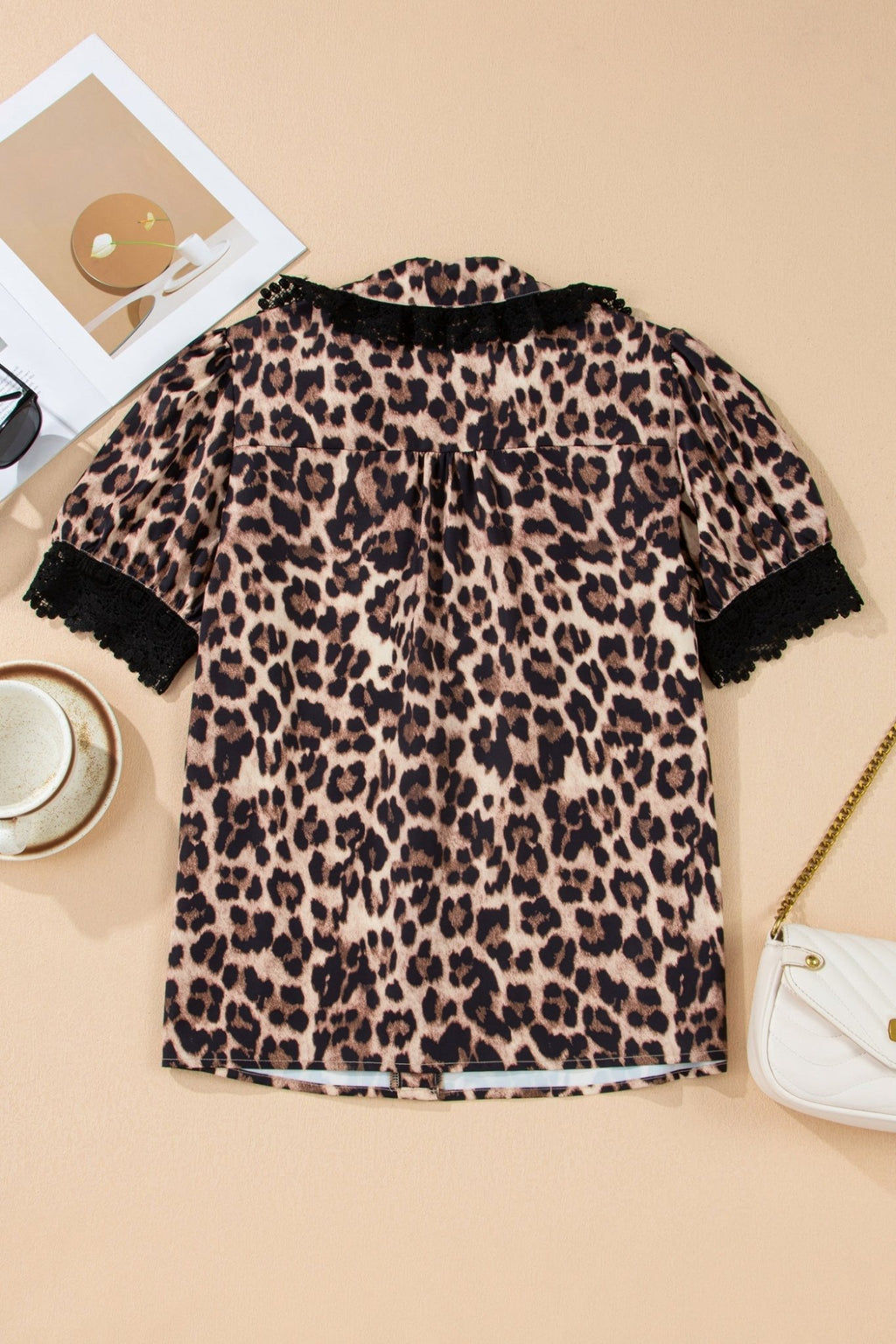 Leopard Lace Trim Short Sleeve Buttoned Shirt - Rooted & Reckless Co.