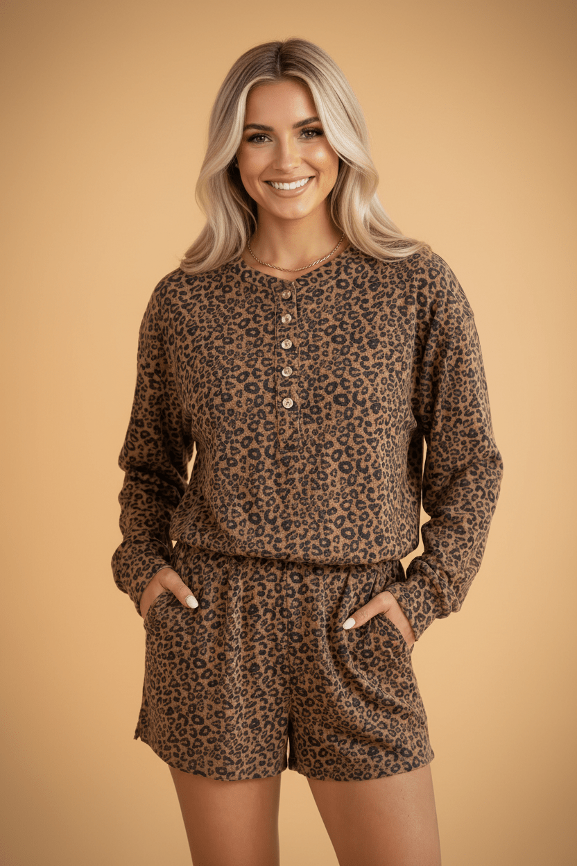 Leopard Long Sleeve Henley Top & Elastic Waist Shorts Set - Rooted & Reckless Co.