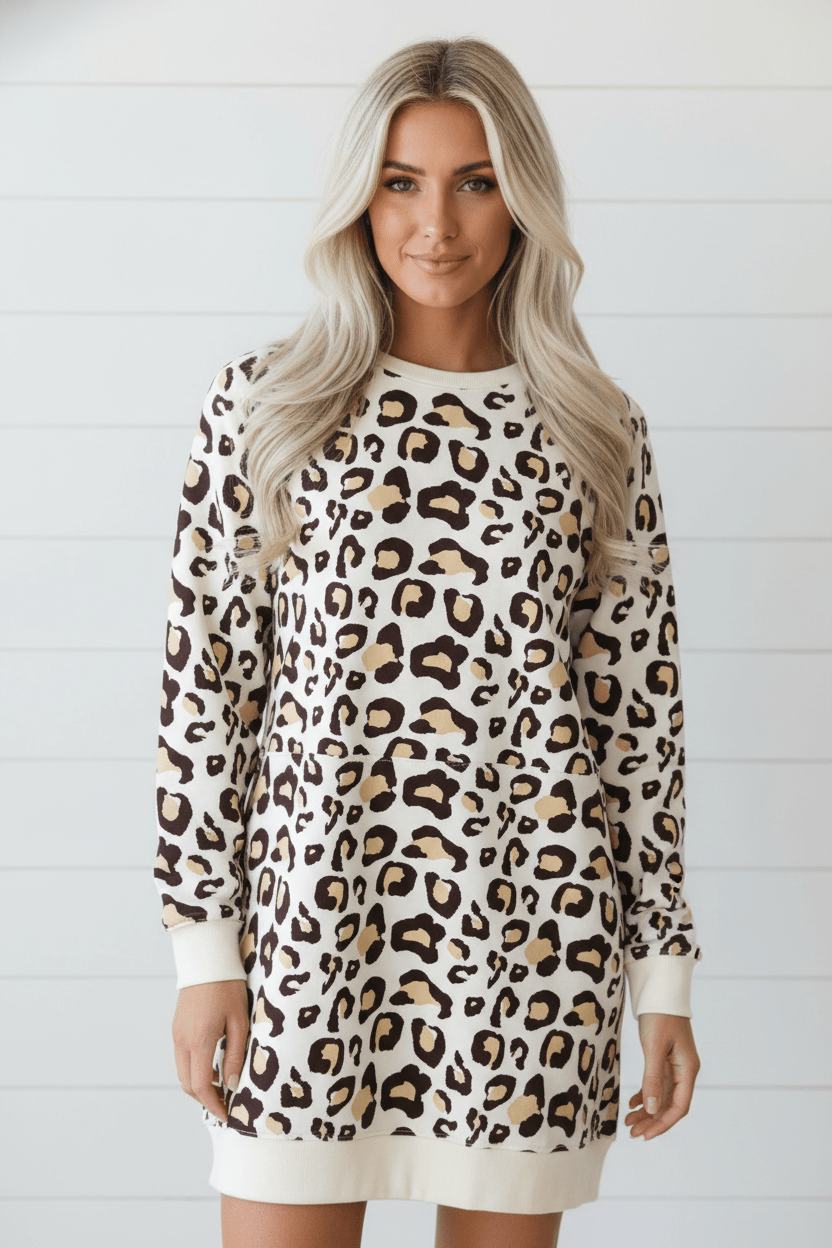 Leopard Long Sleeve T-Shirt Dress w/ Pockets - Rooted & Reckless Co.