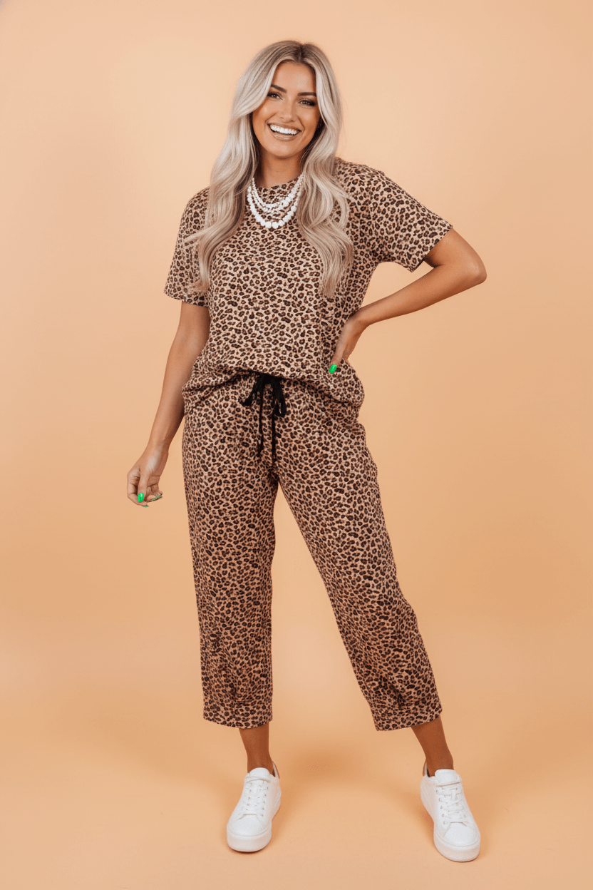 Leopard Loose Tee & Drawstring Waist Pants Set - Rooted & Reckless Co.