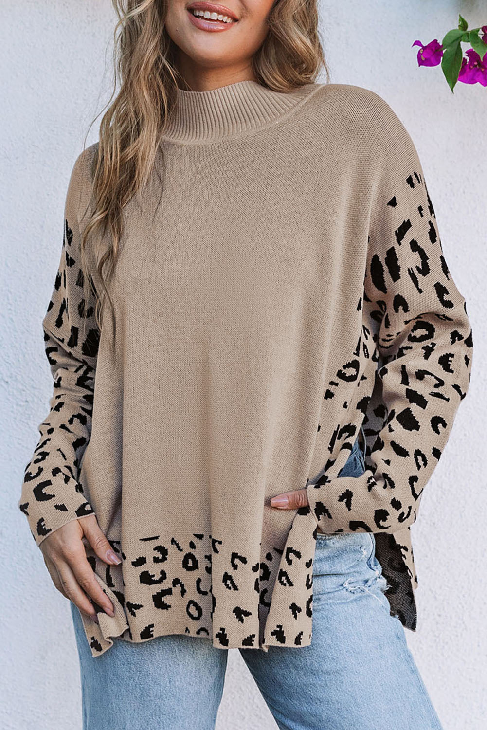 Leopard Mock Neck Side Slit Sweater - Rooted & Reckless Co.