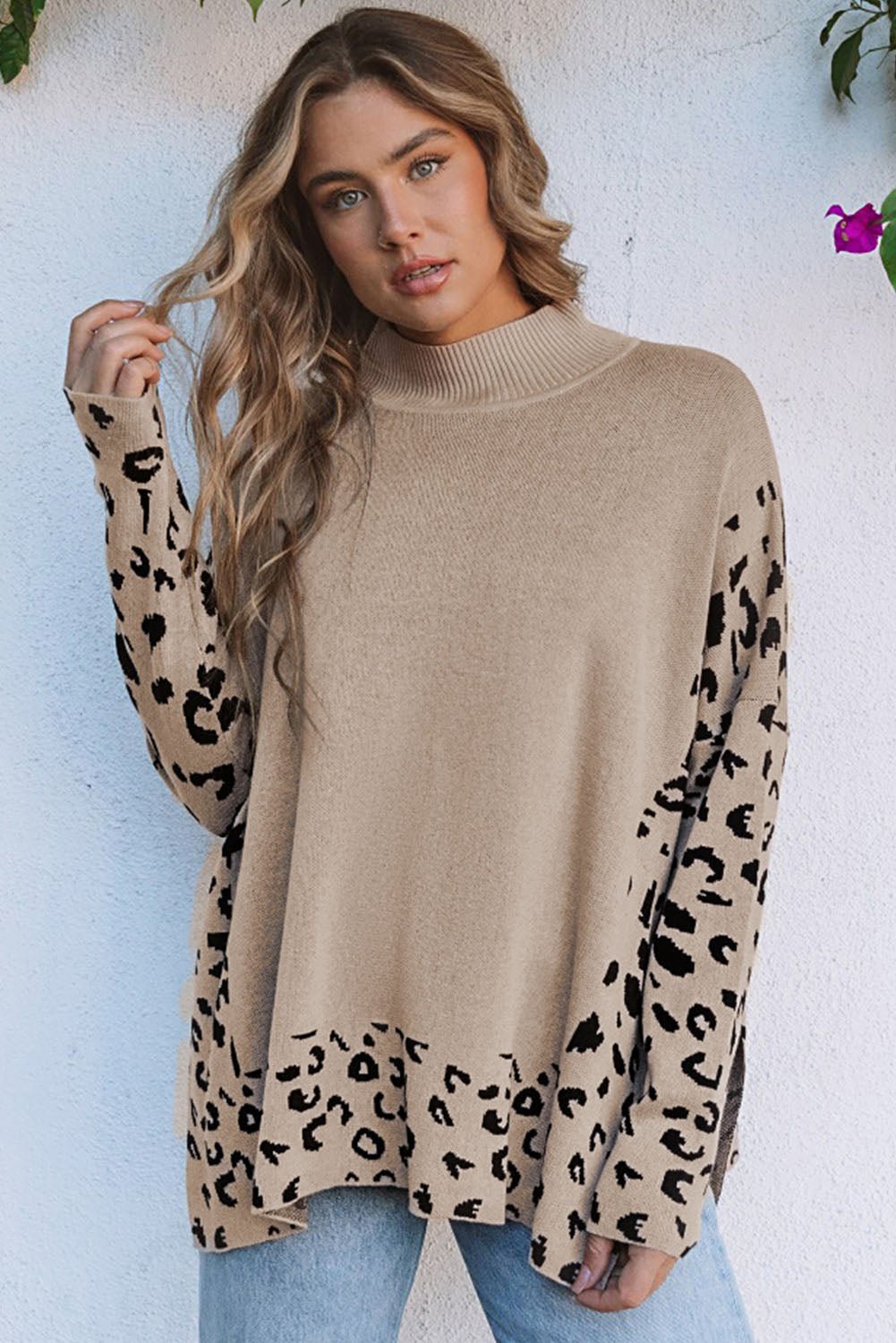 Leopard Mock Neck Side Slit Sweater - Rooted & Reckless Co.