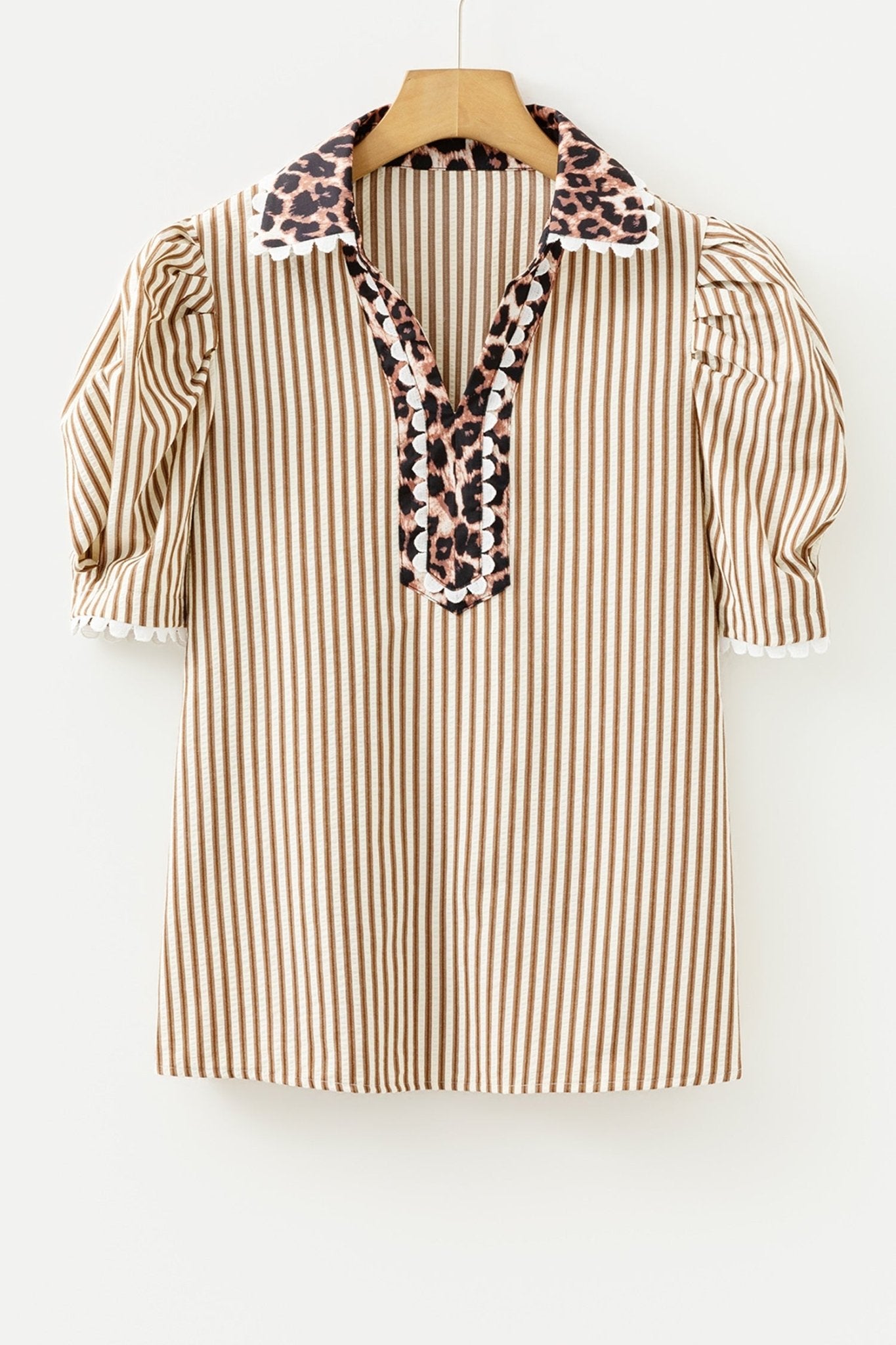 Leopard Patchwork Collared V-Neck Puff Sleeve Blouse - Rooted & Reckless Co.