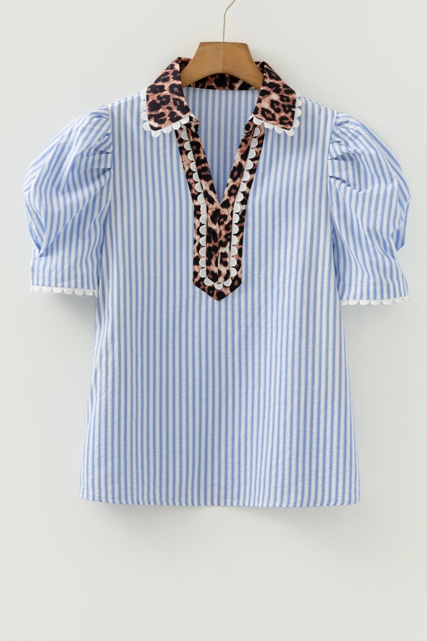 Leopard Patchwork Collared V-Neck Puff Sleeve Blouse - Rooted & Reckless Co.