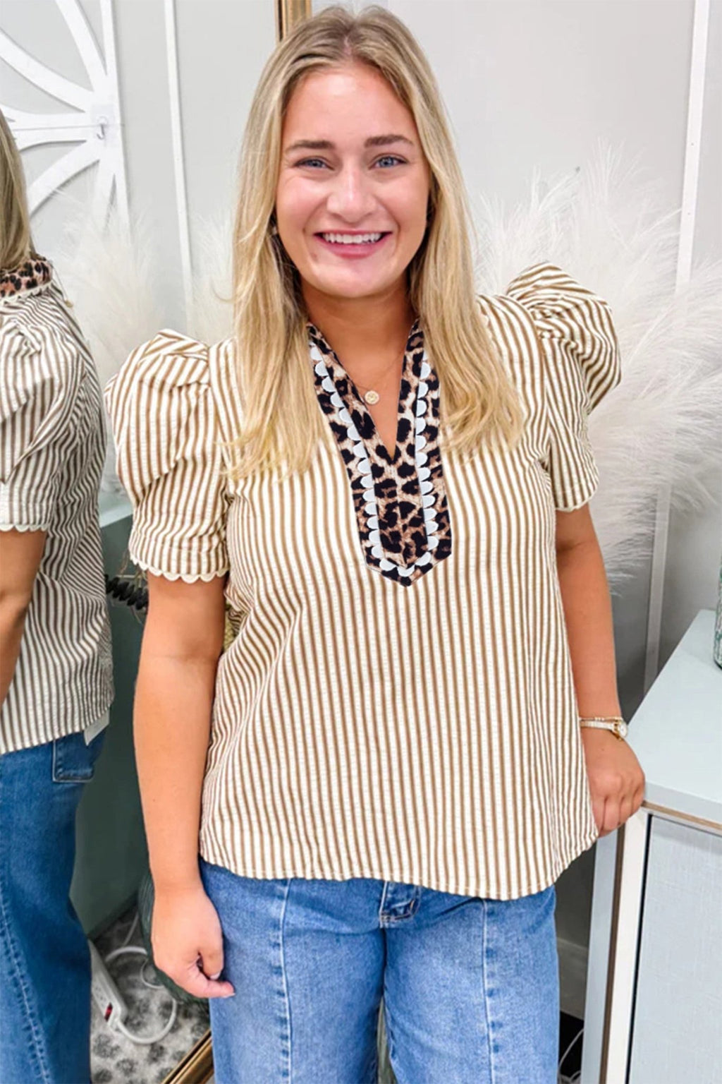 Leopard Patchwork Collared V-Neck Puff Sleeve Blouse - Rooted & Reckless Co.
