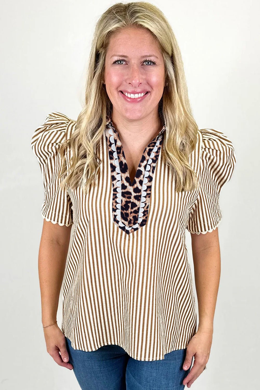 Leopard Patchwork Collared V-Neck Puff Sleeve Blouse - Rooted & Reckless Co.