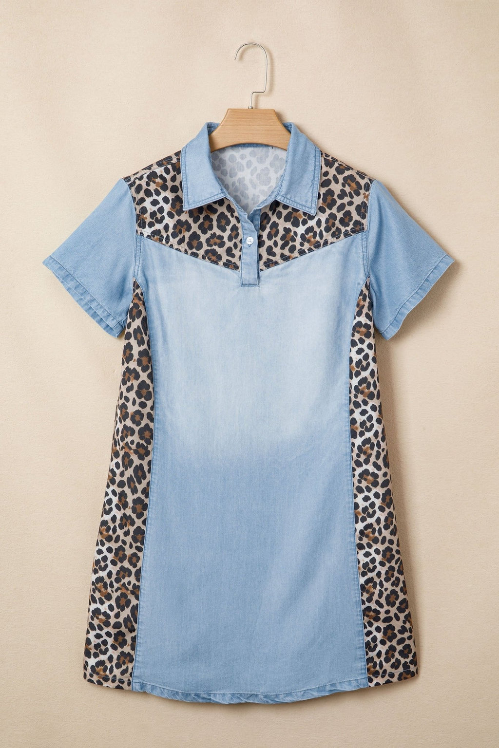 Leopard Patchwork Colorblock Shirt Collar Mini Dress - Rooted & Reckless Co.