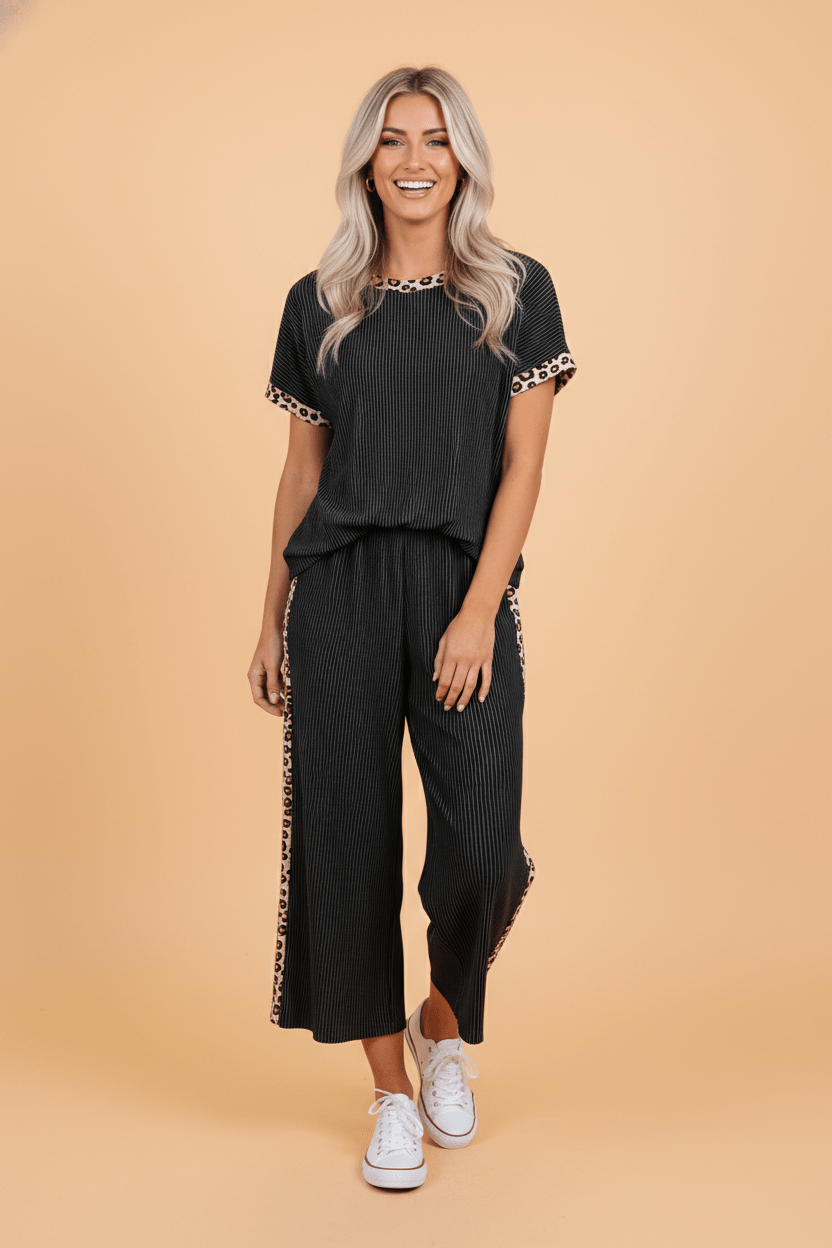 Leopard Patchwork Corded Knit Top & Crop Pants Set - Rooted & Reckless Co.