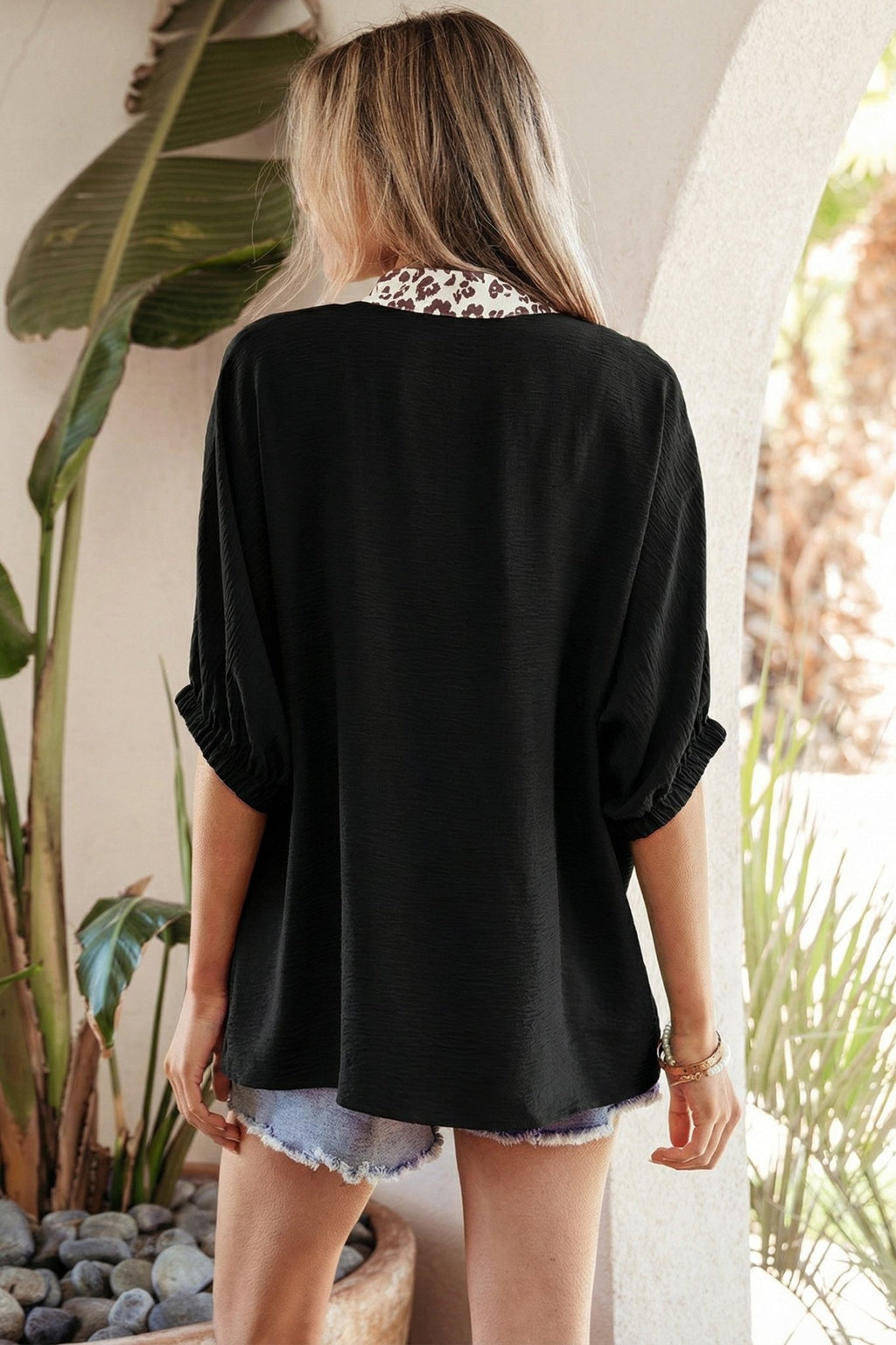 Leopard Patchwork Dolman Sleeve V-Neck Blouse - Rooted & Reckless Co.