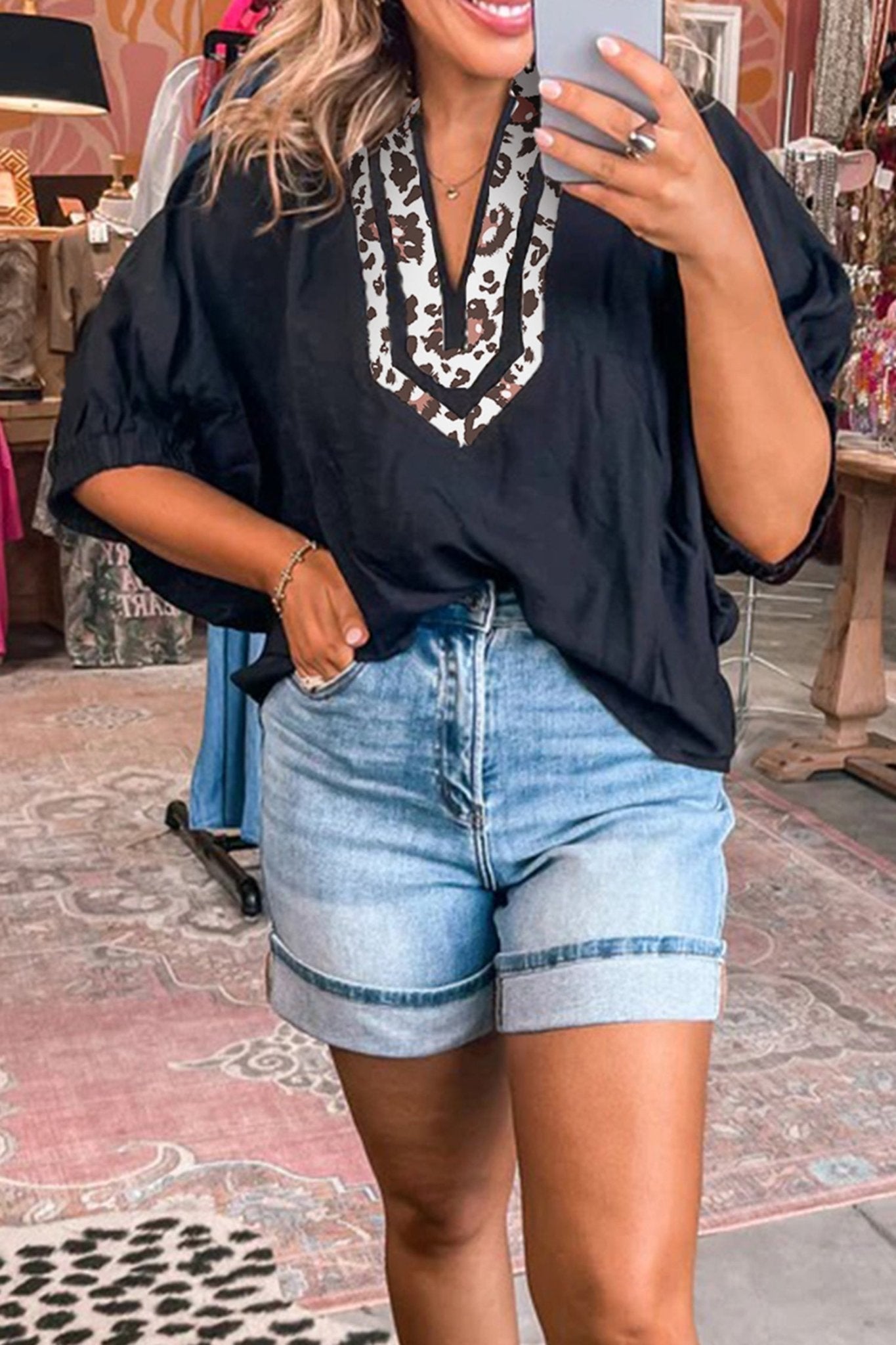 Leopard Patchwork Dolman Sleeve V-Neck Blouse - Rooted & Reckless Co.