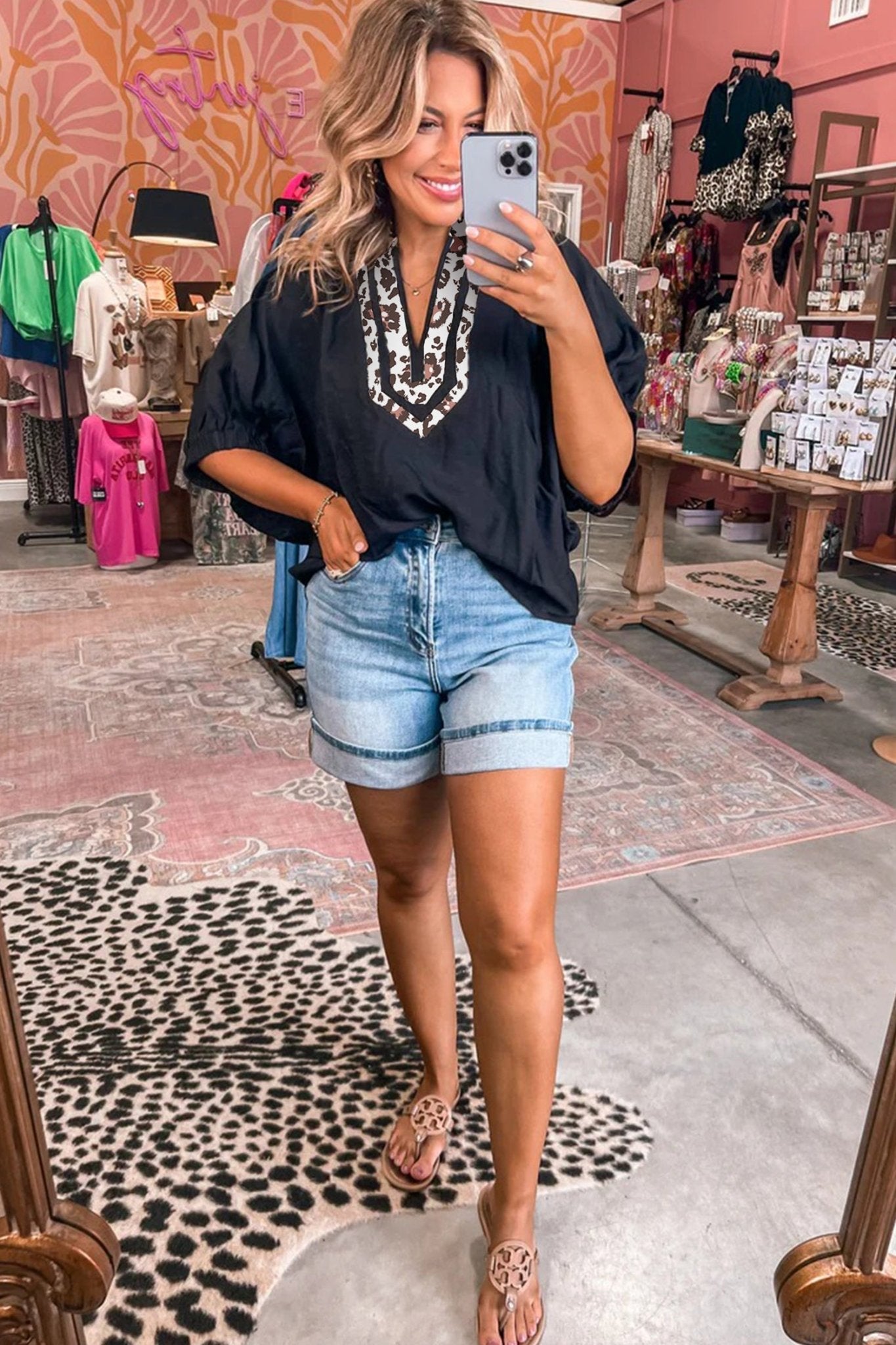 Leopard Patchwork Dolman Sleeve V-Neck Blouse - Rooted & Reckless Co.