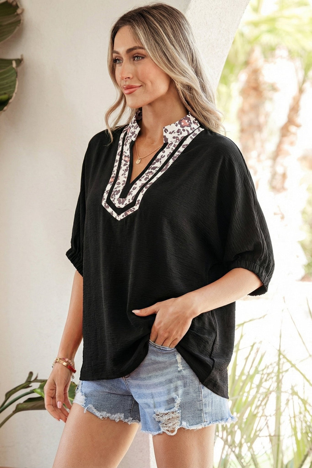 Leopard Patchwork Dolman Sleeve V-Neck Blouse - Rooted & Reckless Co.