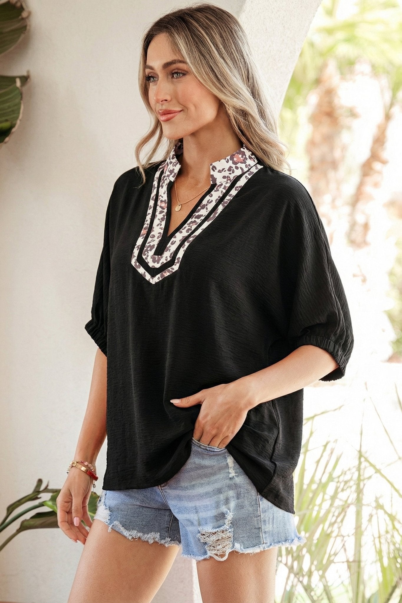 Leopard Patchwork Dolman Sleeve V-Neck Blouse - Rooted & Reckless Co.