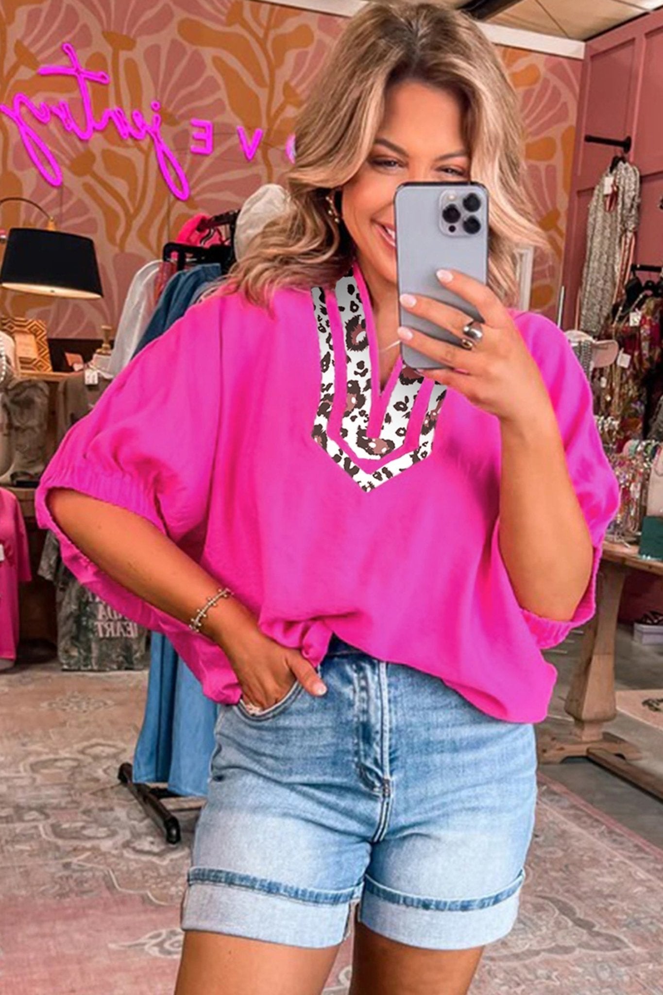 Leopard Patchwork Dolman Sleeve V-Neck Blouse - Rooted & Reckless Co.