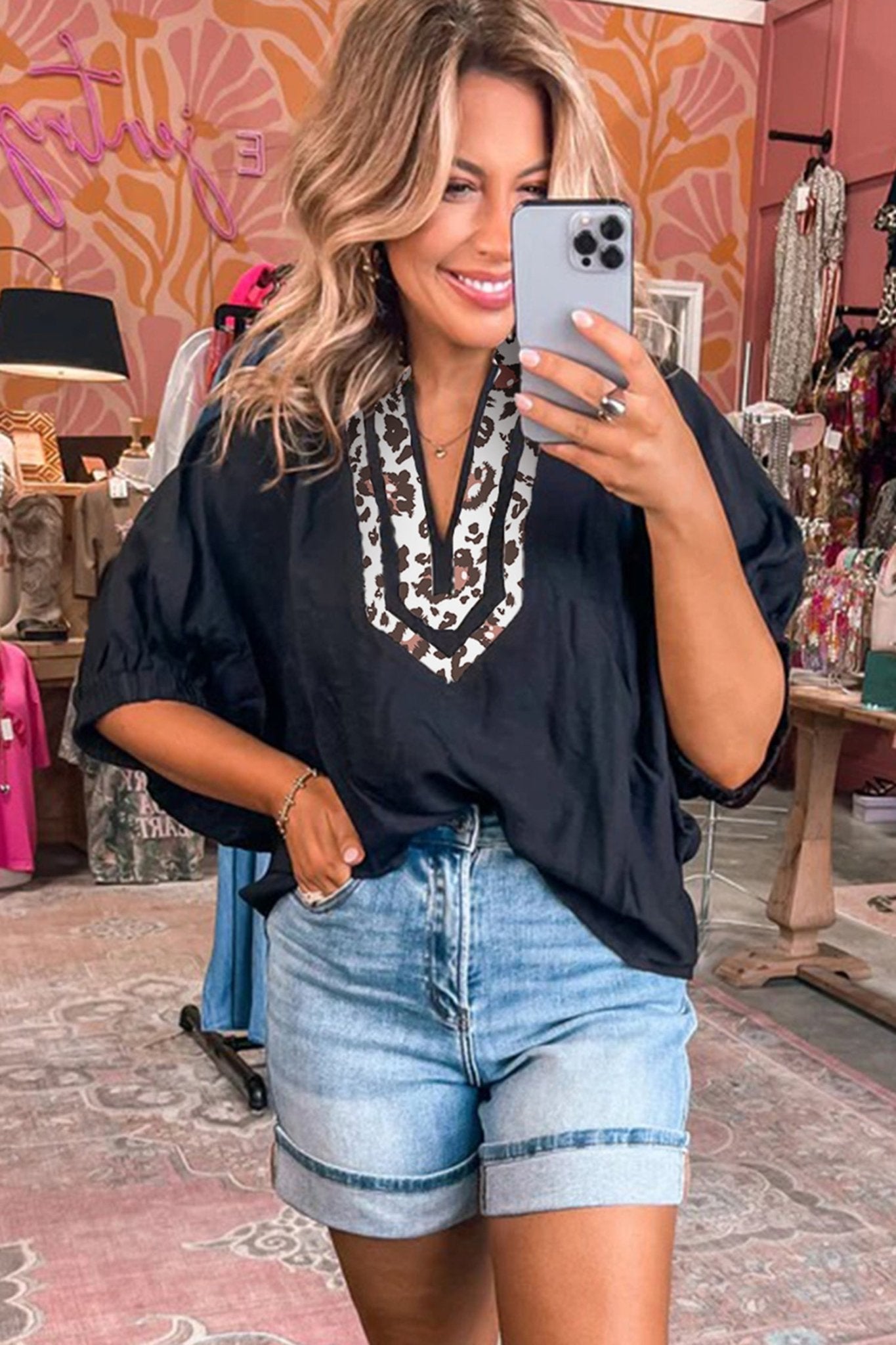 Leopard Patchwork Dolman Sleeve V-Neck Blouse - Rooted & Reckless Co.