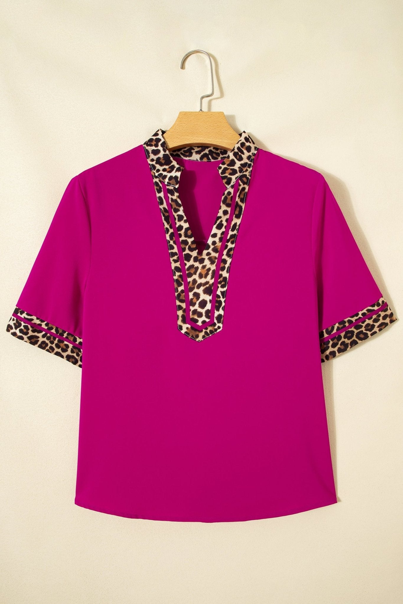 Leopard Patchwork Split Neck Short Sleeve Blouse - Rooted & Reckless Co.