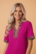 Leopard Patchwork Split Neck Short Sleeve Blouse - Rooted & Reckless Co.