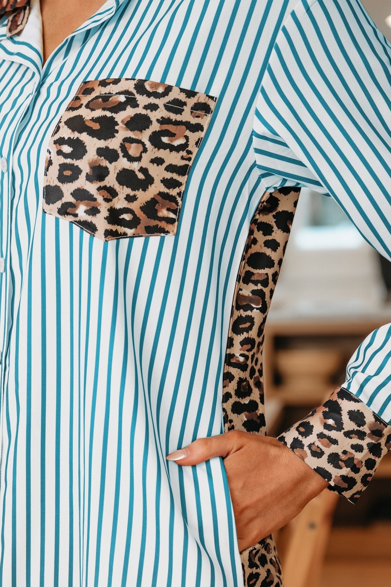 Leopard Patchwork Stripe Shirt Dress with Slits - Rooted & Reckless Co.