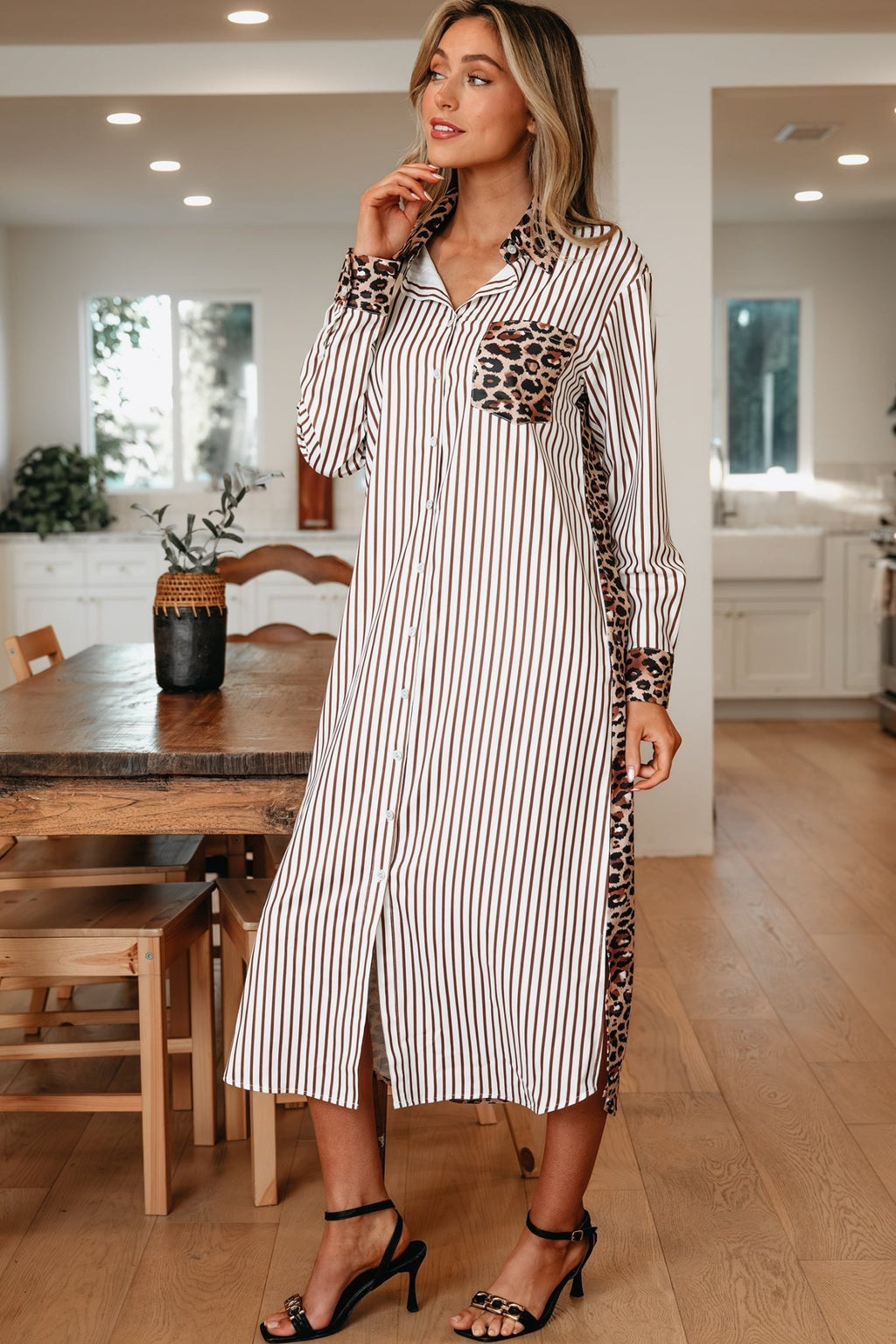 Leopard Patchwork Stripe Shirt Dress with Slits - Rooted & Reckless Co.