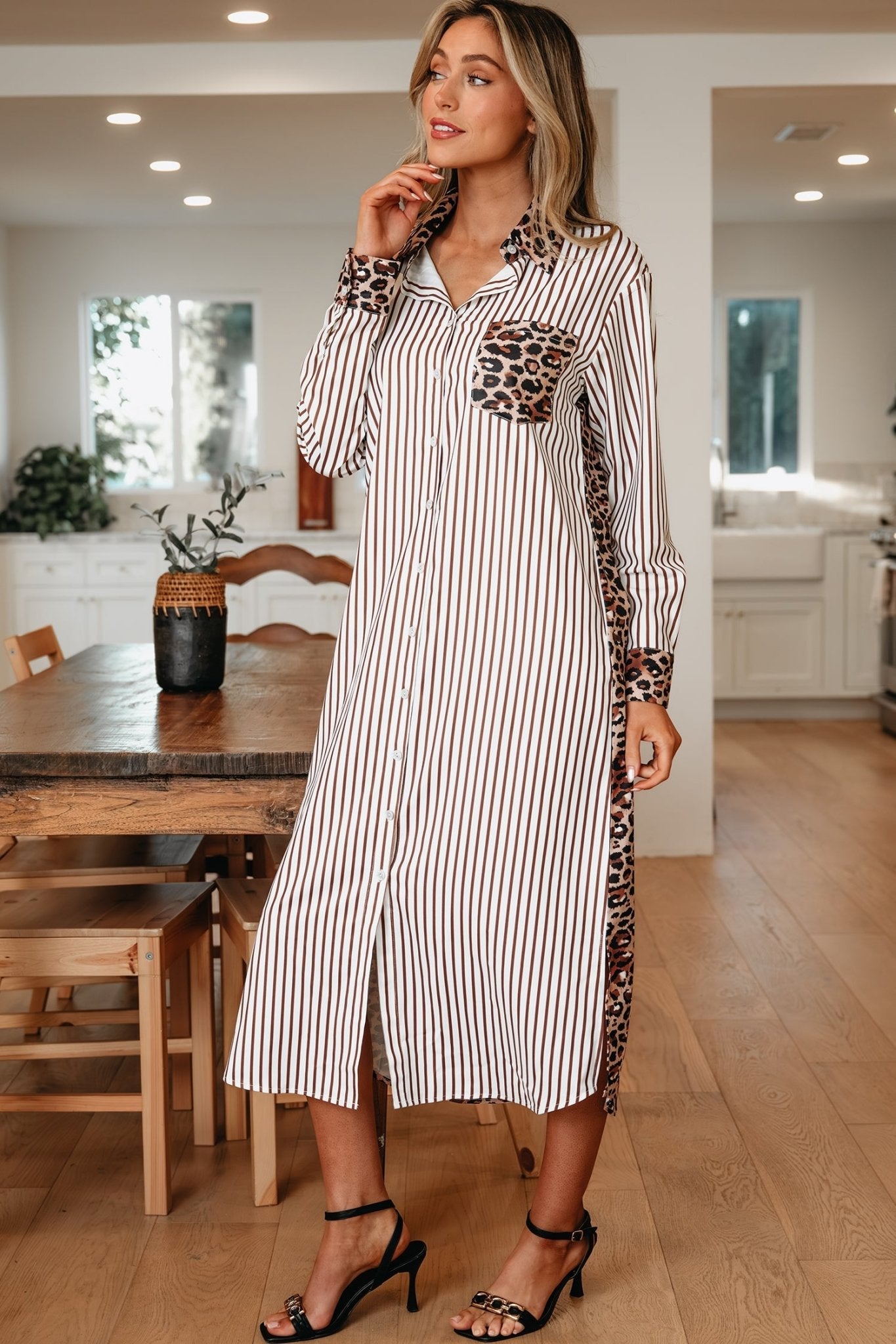 Leopard Patchwork Stripe Shirt Dress with Slits - Rooted & Reckless Co.