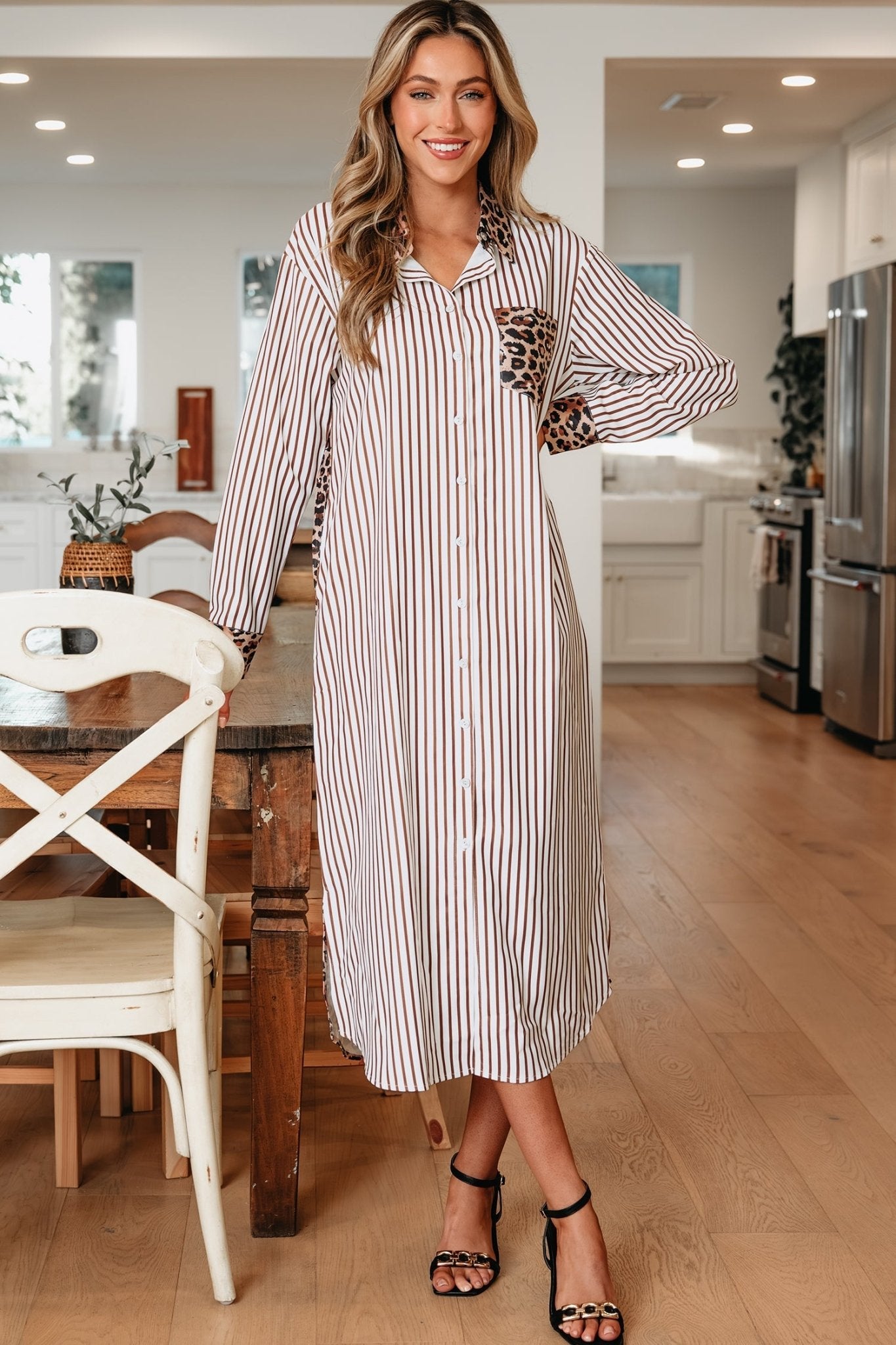 Leopard Patchwork Stripe Shirt Dress with Slits - Rooted & Reckless Co.