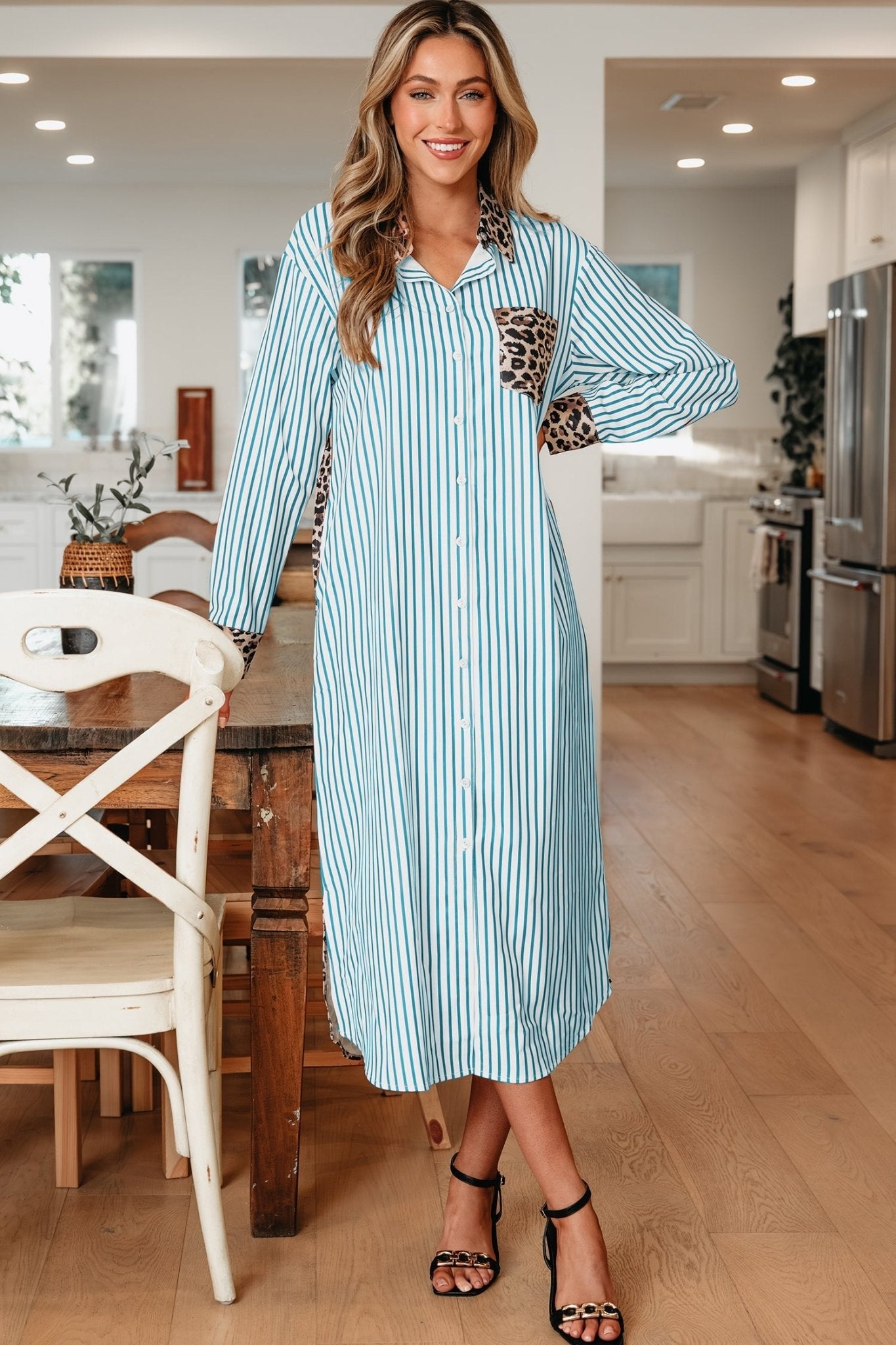 Leopard Patchwork Stripe Shirt Dress with Slits - Rooted & Reckless Co.