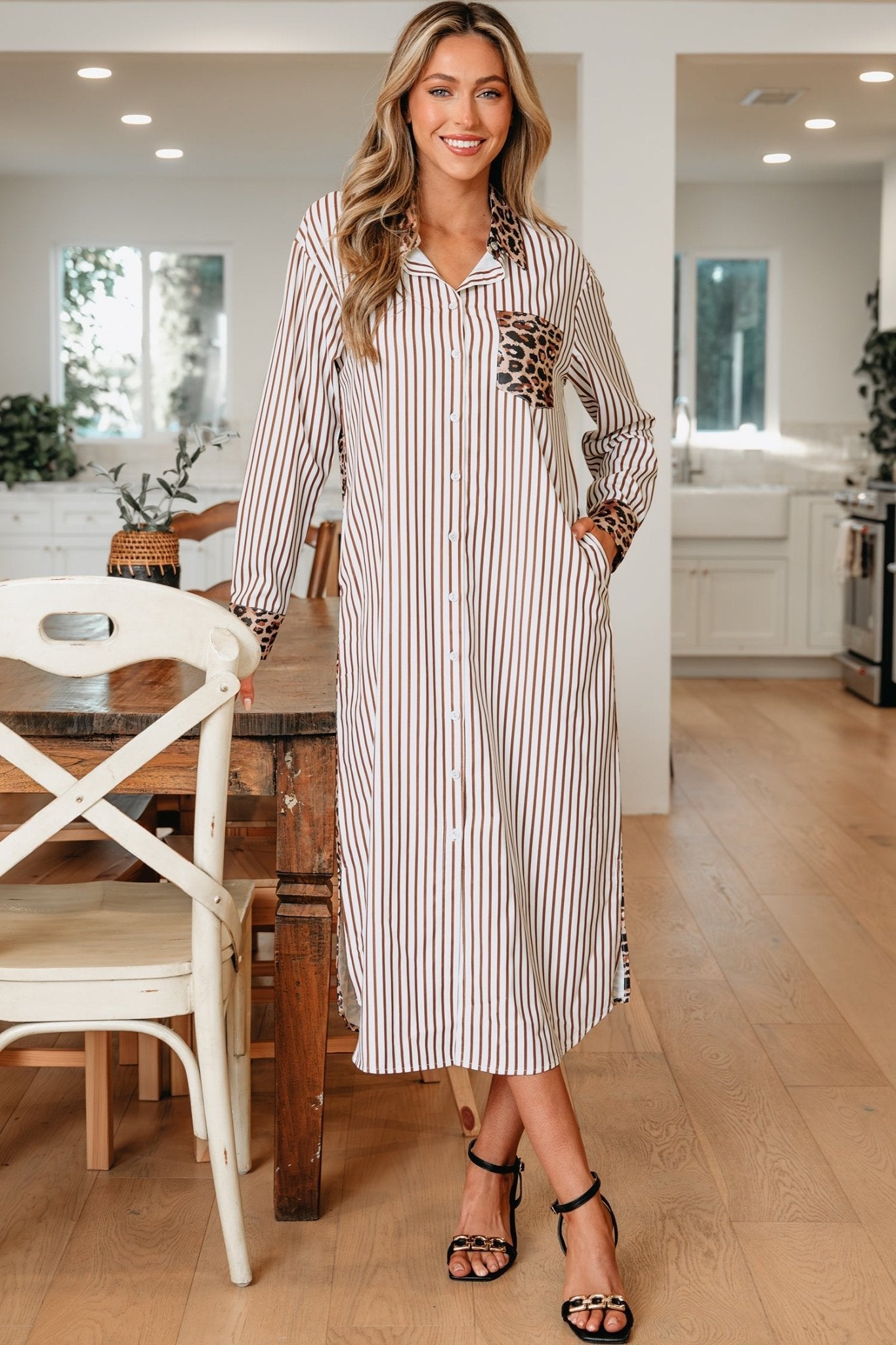 Leopard Patchwork Stripe Shirt Dress with Slits - Rooted & Reckless Co.