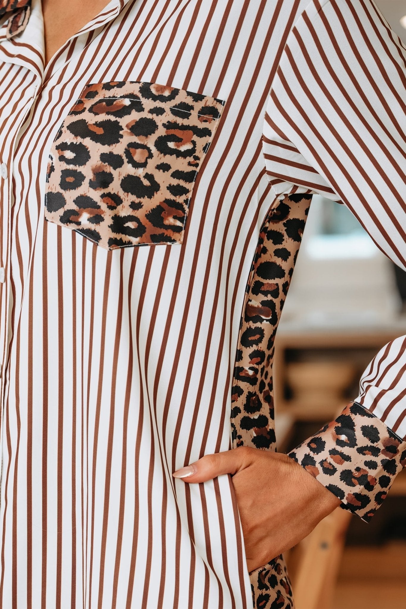 Leopard Patchwork Stripe Shirt Dress with Slits - Rooted & Reckless Co.