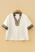 Leopard Patchwork Trim Split Neck Blouse - Rooted & Reckless Co.