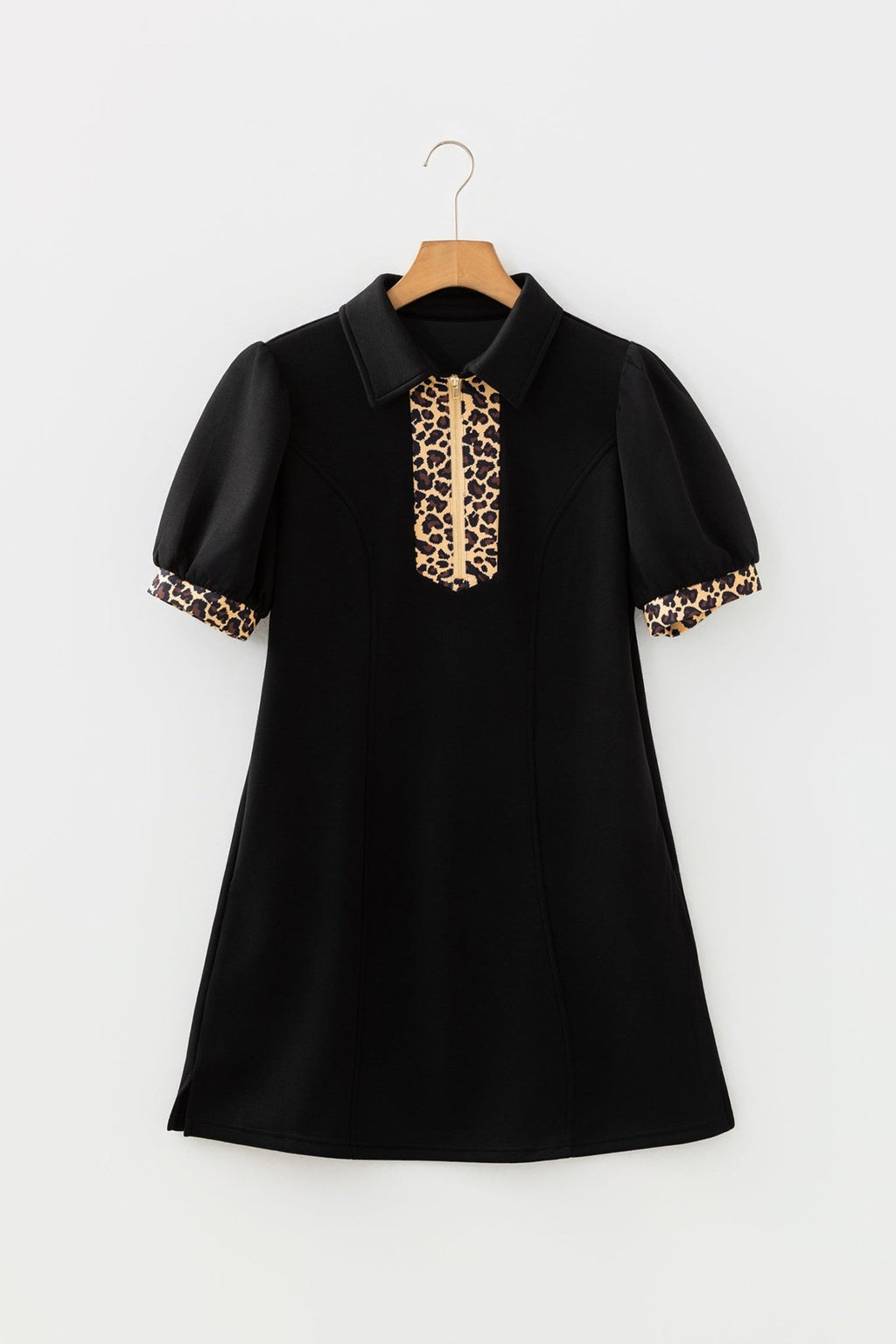 Leopard Patchwork Zip Collared Puff Sleeve Mini Dress - Rooted & Reckless Co.