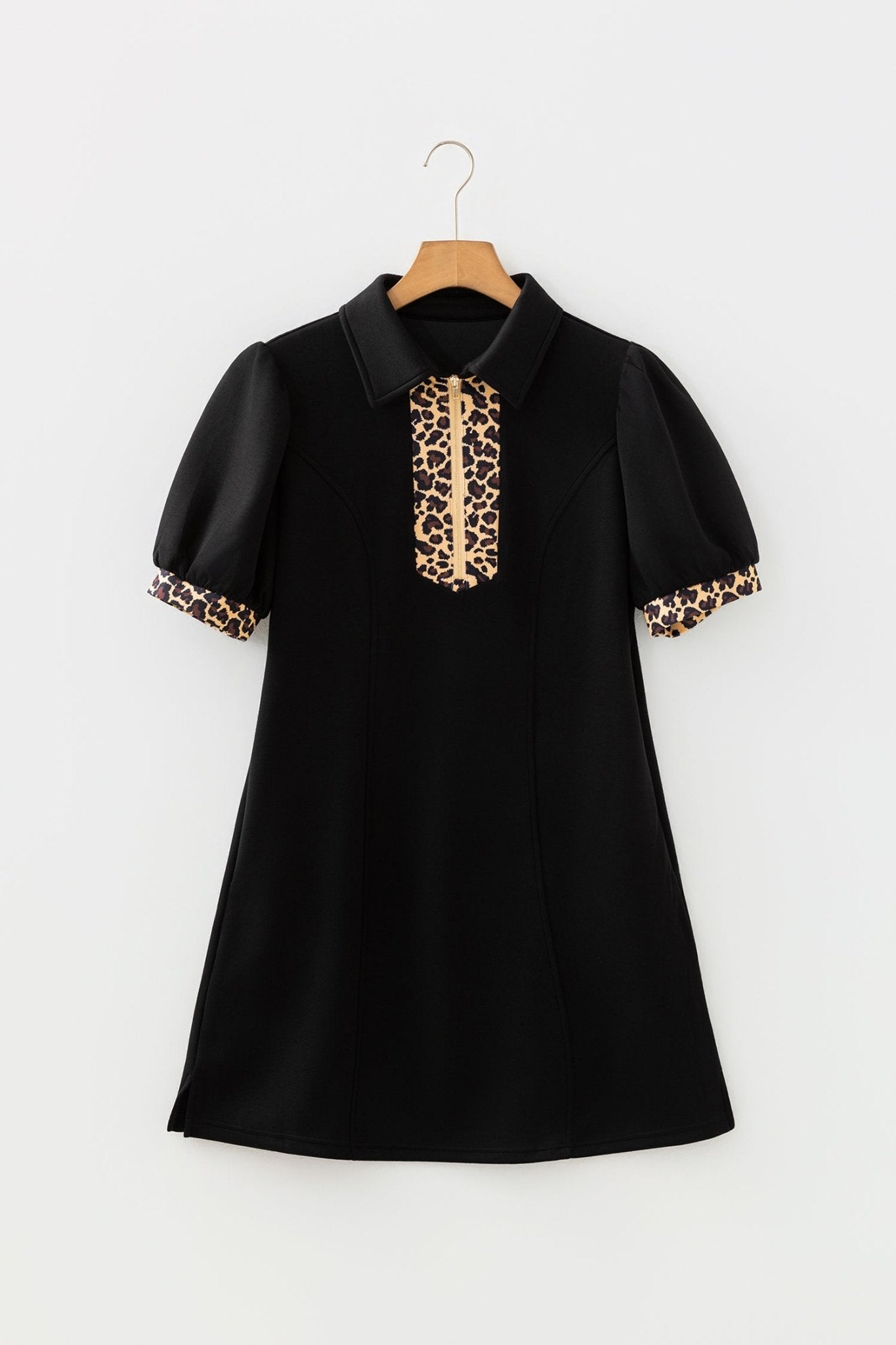 Leopard Patchwork Zip Collared Puff Sleeve Mini Dress - Rooted & Reckless Co.