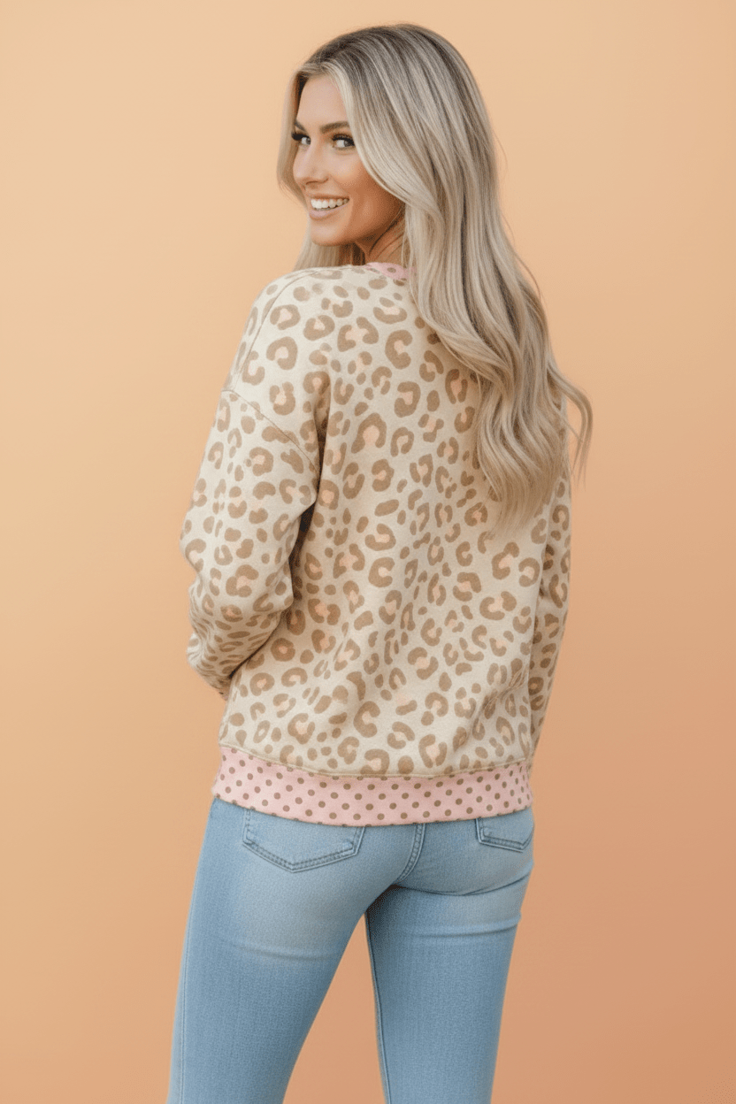 Leopard Polka Dot Colorblock Trim Long Sleeve Top - Rooted & Reckless Co.