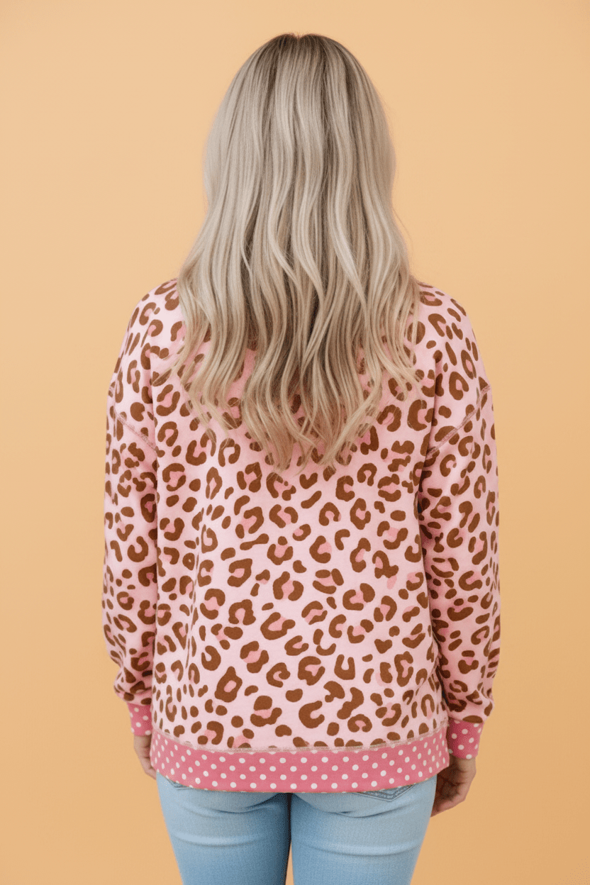Leopard Polka Dot Colorblock Trim Long Sleeve Top - Rooted & Reckless Co.