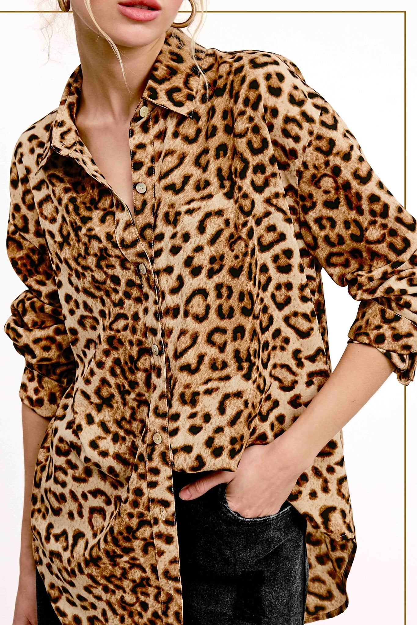 Leopard Printed Button Down Long Sleeve Shirt - Rooted & Reckless Co.