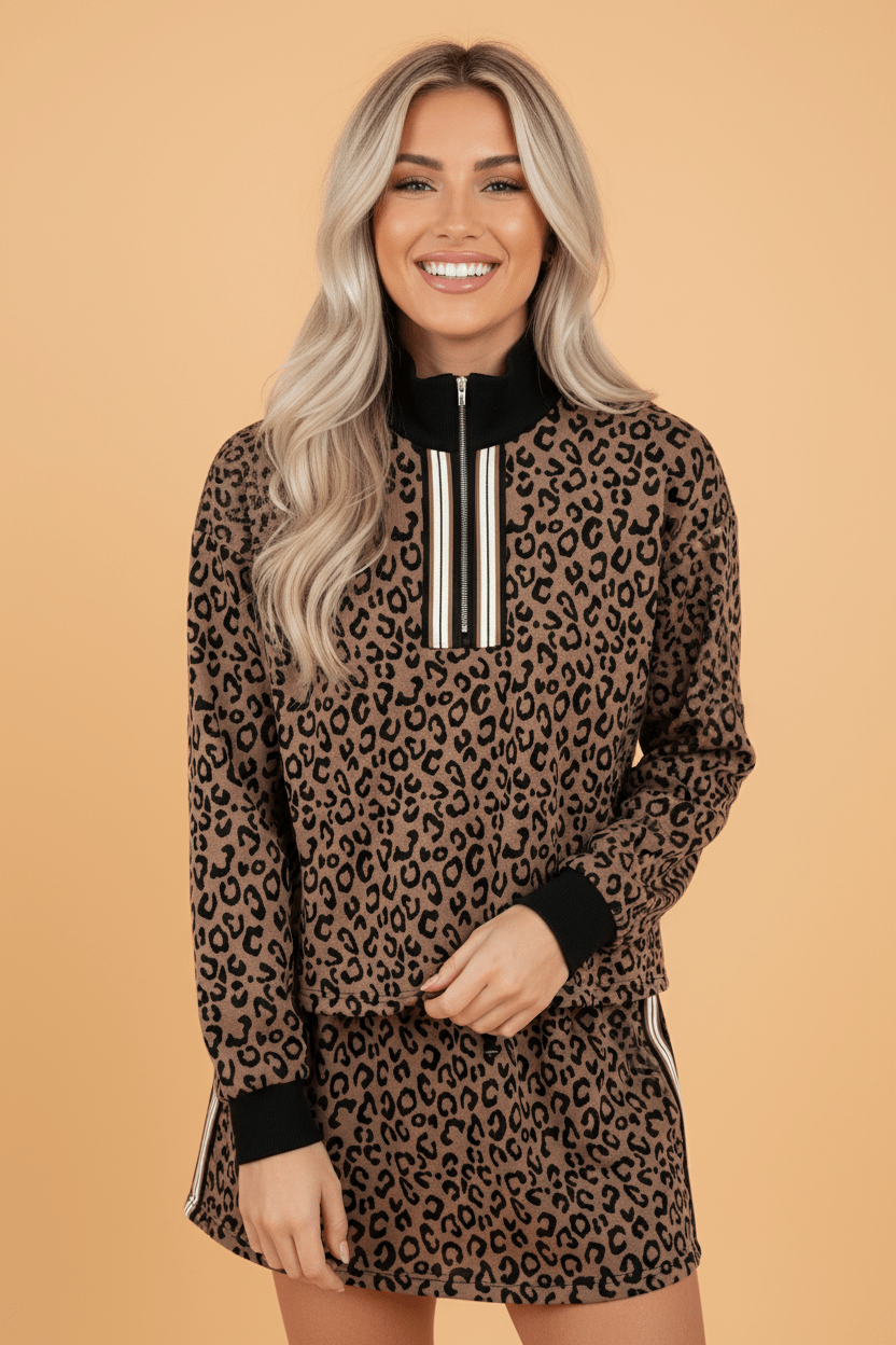 Leopard Quarter Zip Top & Mini Skirt Set - Rooted & Reckless Co.