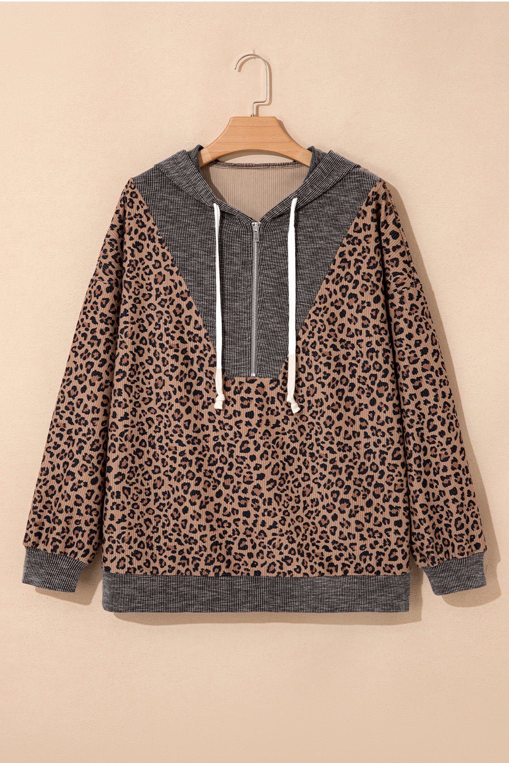 Leopard Ribbed Knit Contrast Half-Zip Hoodie - Rooted & Reckless Co.