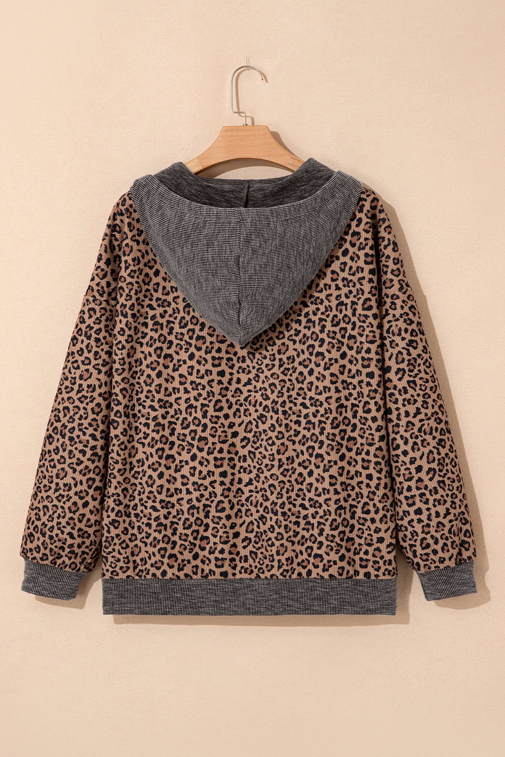 Leopard Ribbed Knit Contrast Half-Zip Hoodie - Rooted & Reckless Co.