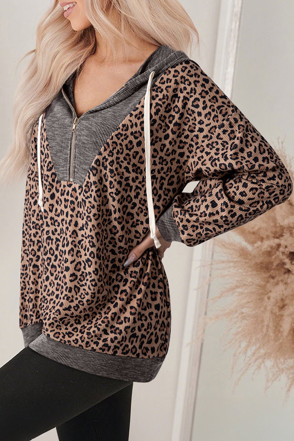 Leopard Ribbed Knit Contrast Half-Zip Hoodie - Rooted & Reckless Co.
