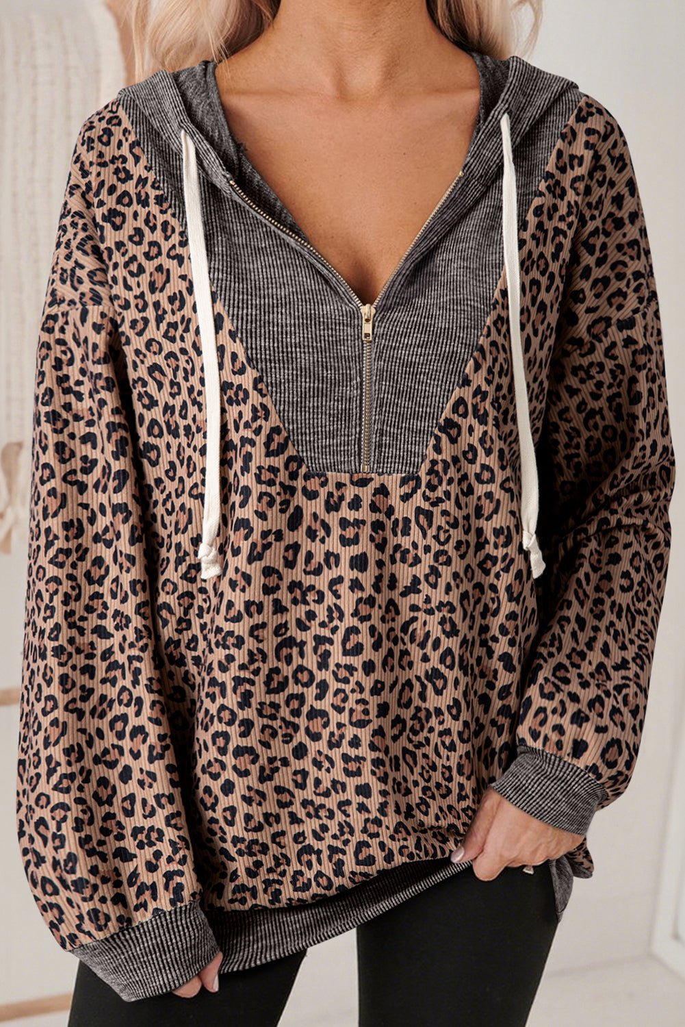 Leopard Ribbed Knit Contrast Half-Zip Hoodie - Rooted & Reckless Co.