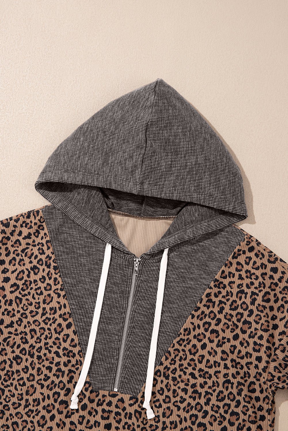 Leopard Ribbed Knit Contrast Half-Zip Hoodie - Rooted & Reckless Co.