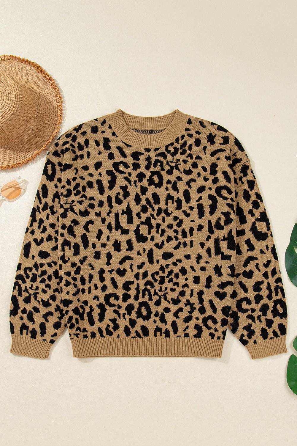 Leopard Ribbed Trim Crewneck Drop Shoulder Sweater - Rooted & Reckless Co.