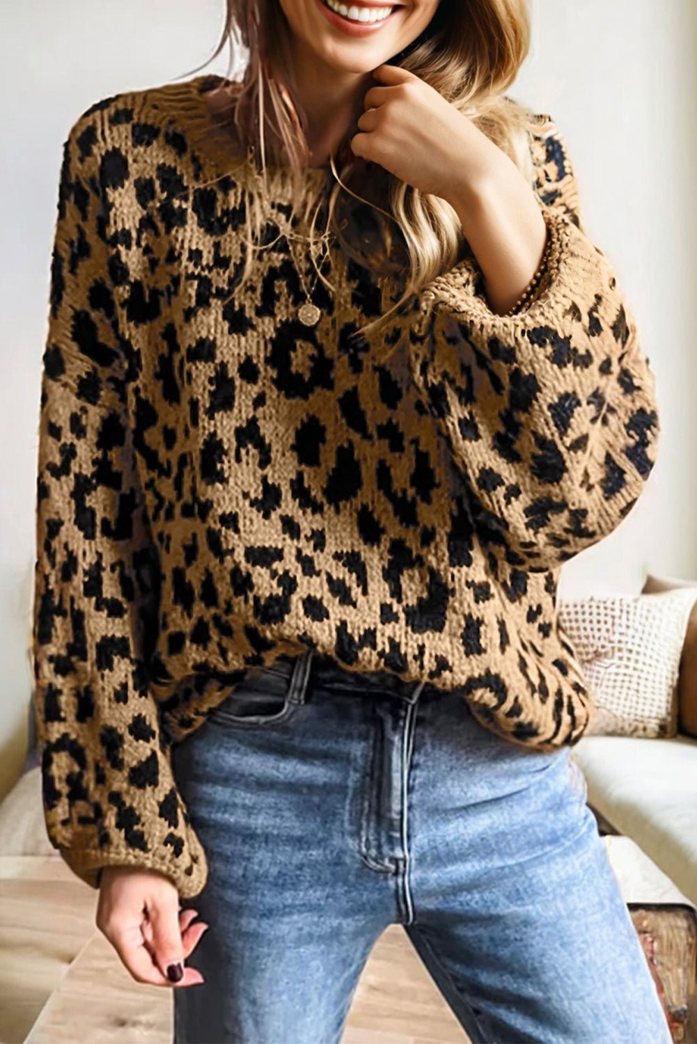 Leopard Ribbed Trim Crewneck Drop Shoulder Sweater - Rooted & Reckless Co.
