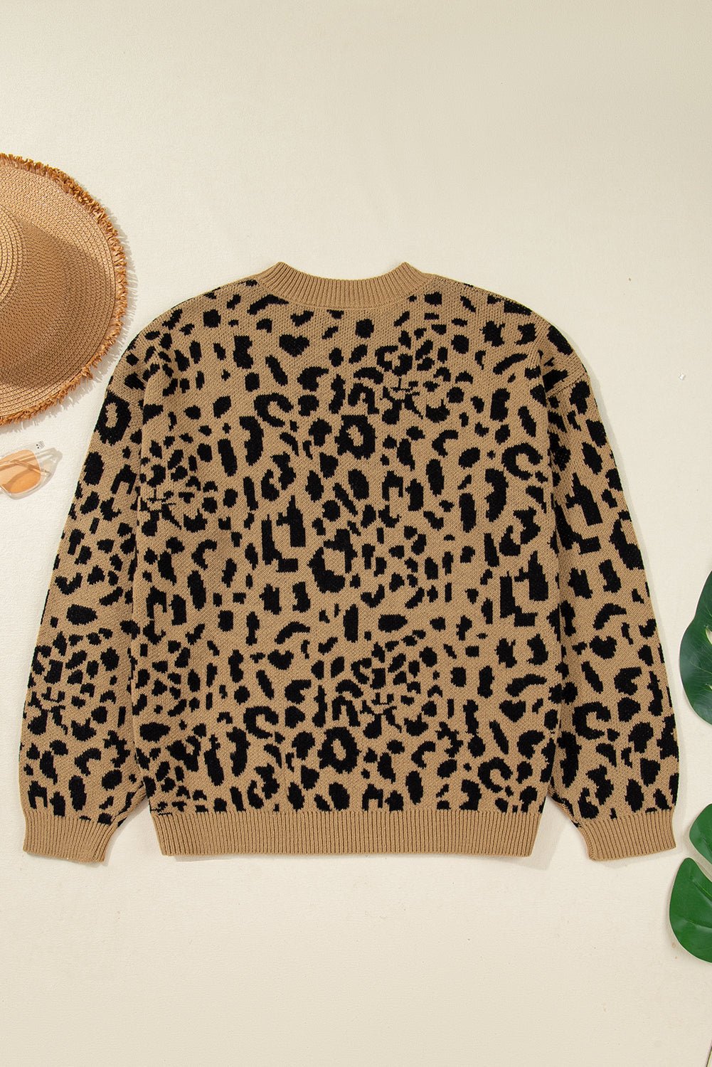 Leopard Ribbed Trim Crewneck Drop Shoulder Sweater - Rooted & Reckless Co.
