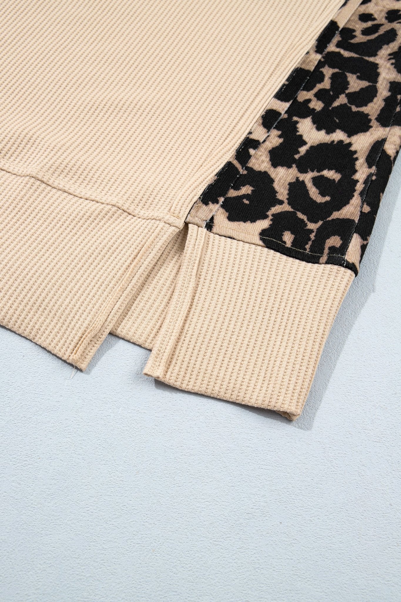 Leopard Ribbed Trim Waffle Knit Split Hem Sweater - Rooted & Reckless Co.