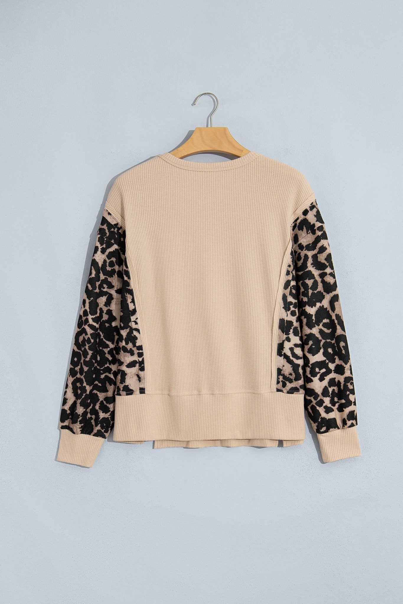 Leopard Ribbed Trim Waffle Knit Split Hem Sweater - Rooted & Reckless Co.