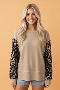 Leopard Ribbed Trim Waffle Knit Split Hem Sweater - Rooted & Reckless Co.
