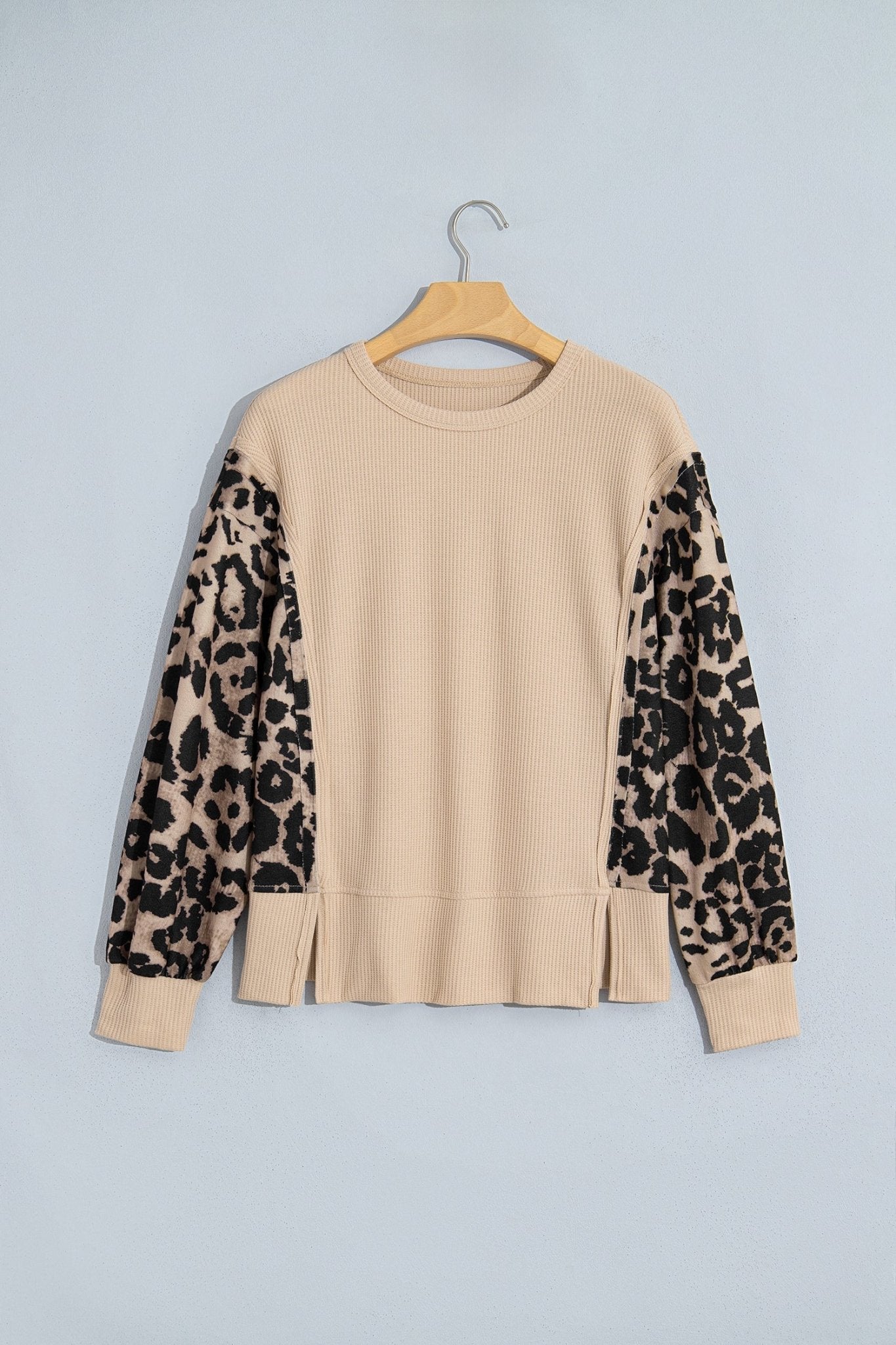 Leopard Ribbed Trim Waffle Knit Split Hem Sweater - Rooted & Reckless Co.