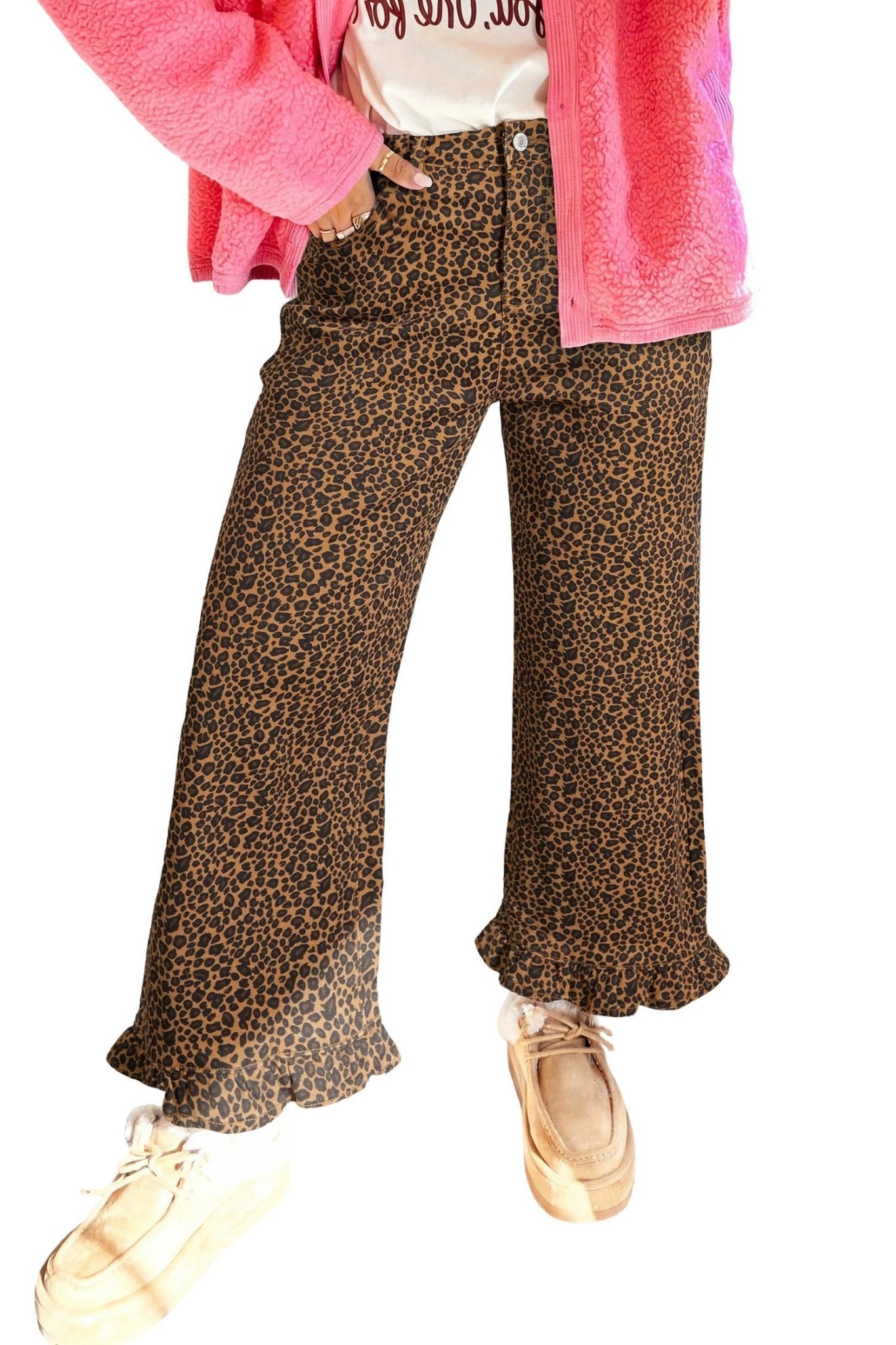Leopard Ruffle Hem Shift Jeans - Rooted & Reckless Co.
