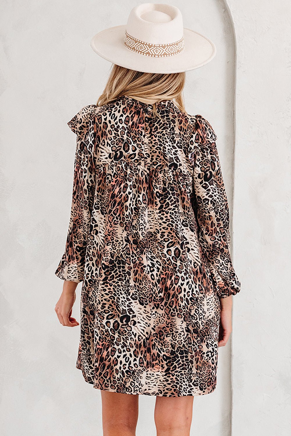 Leopard Ruffle Long Sleeve Mini Dress - Rooted & Reckless Co.